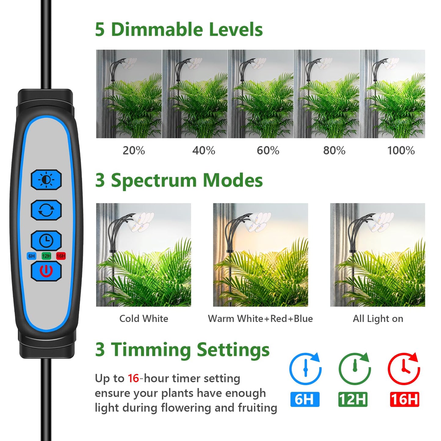 Wolezek Grow Lights for Indoor Plants Full Spectrum with Stand, 5-Head 120 LEDs Floor Plant Grow Lamp for Large Plants, Auto ON/Off Timer 6/12/16H, 5 Dimmable Levels, Adjustable Height 16.5"-61"