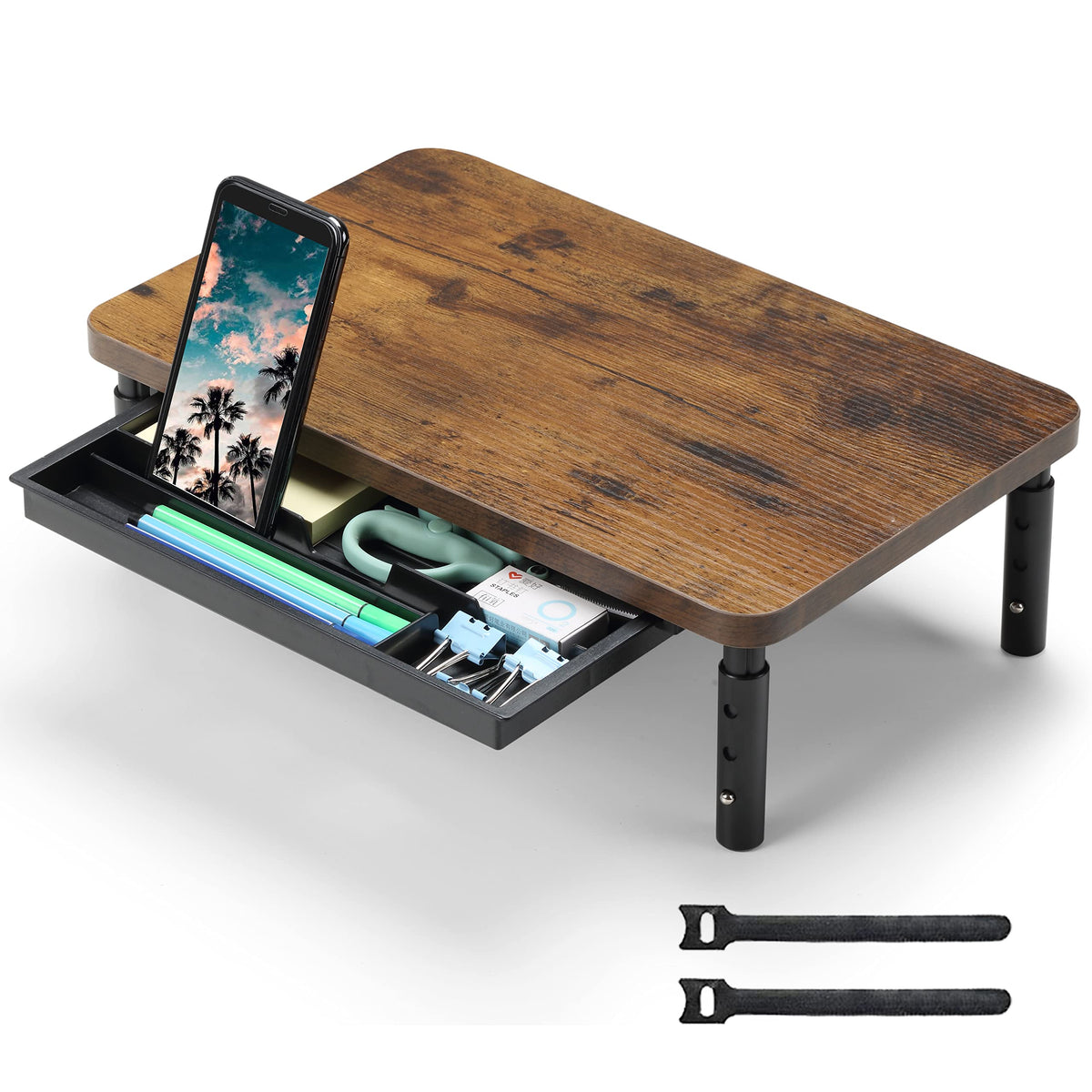 ETHU Monitor Stand for Desk, 3 Height Adjustable Computer Monitor Riser with Storage Drawer, Wood Computer Monitor Stand for Office and Home, Ergonomic Desk Stand for Printer, Laptop, PC (Walnut)