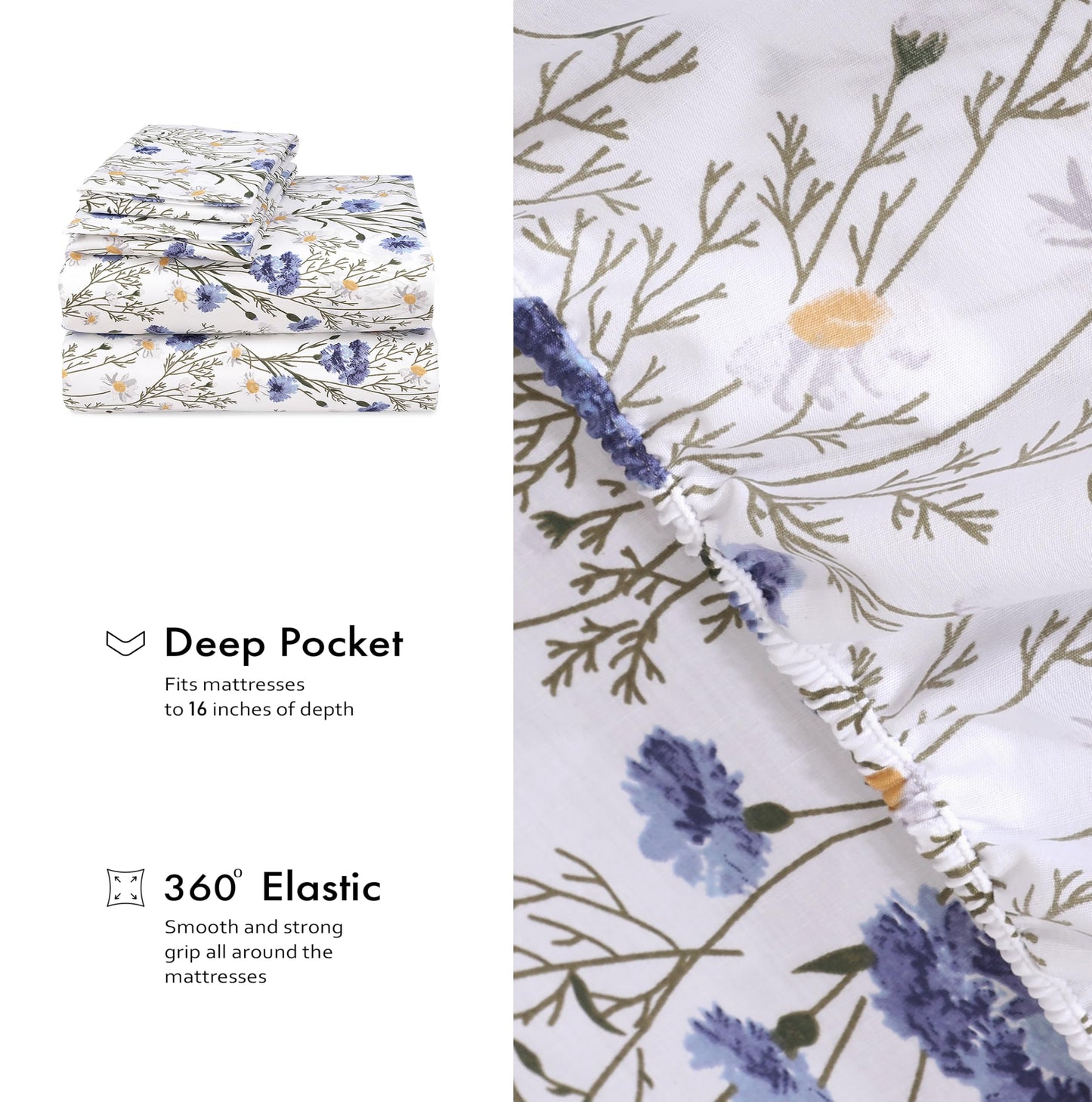 RUVANTI 100% Cotton Sheets Queen Size Set, 4 Pieces, Soft & Breathable Percale Weave Bedding, Deep Pocket 16", Hotel Standard, Crisp Cool Feeling, Durable, Perfect Floral Bed Sheet, Sweet Pea