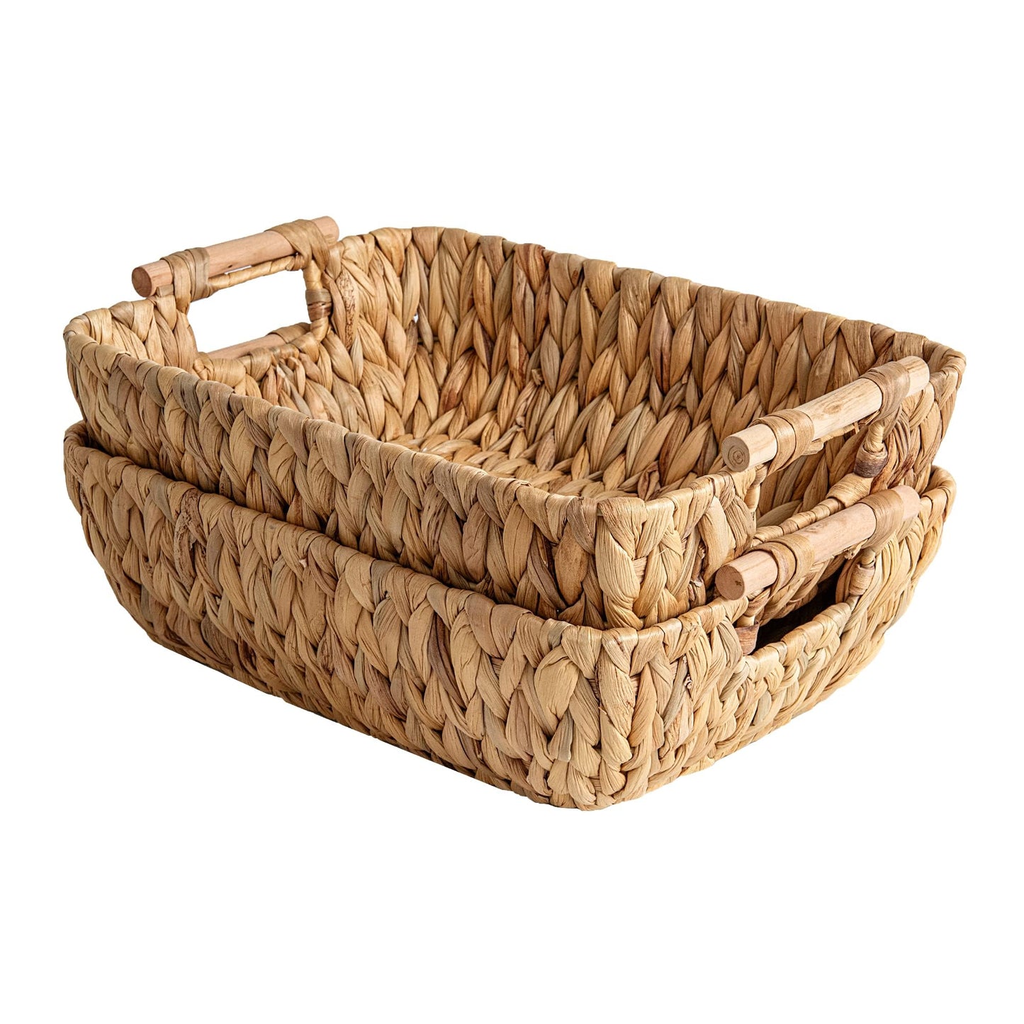 StorageWorks Hand-Woven Large Storage Baskets with Wooden Handles, Water Hyacinth Wicker Basket for Organizing, 2-Pack
