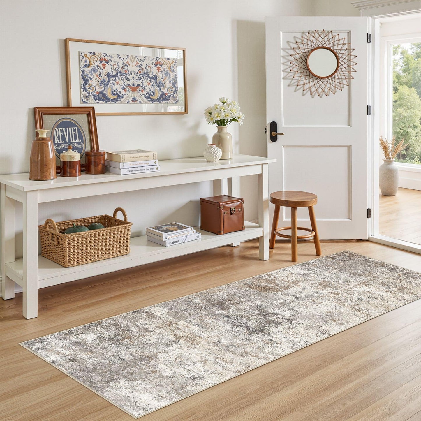 UERMEI 2x6 Washable Runner Rug for Hallway, Non Slip Low Pile Kitchen Carpet, Neutral Modern Abstract Indoor Floor Mat for Entryway Laundry, Kid & Pet Safe High Traffic Area, Brown Grey
