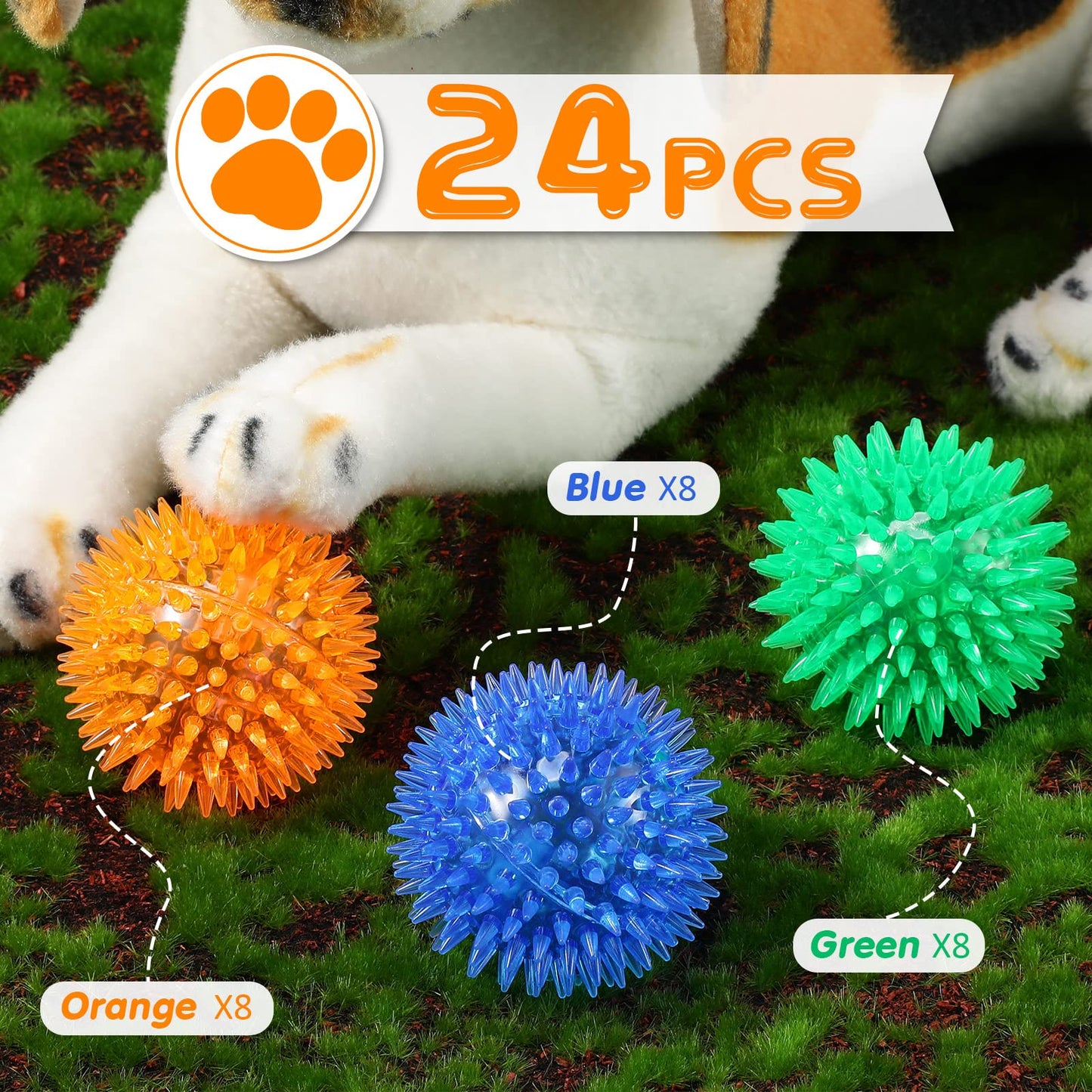 24 Pack Squeaky Dog Toys Balls 2.56'' Spiky Dog Balls Floating Pool TPR Puppy Fetch Chew Toy for Small Medium Doggy Aggressive Chewers Clean Teeth Training(Blue, Green, Orange)
