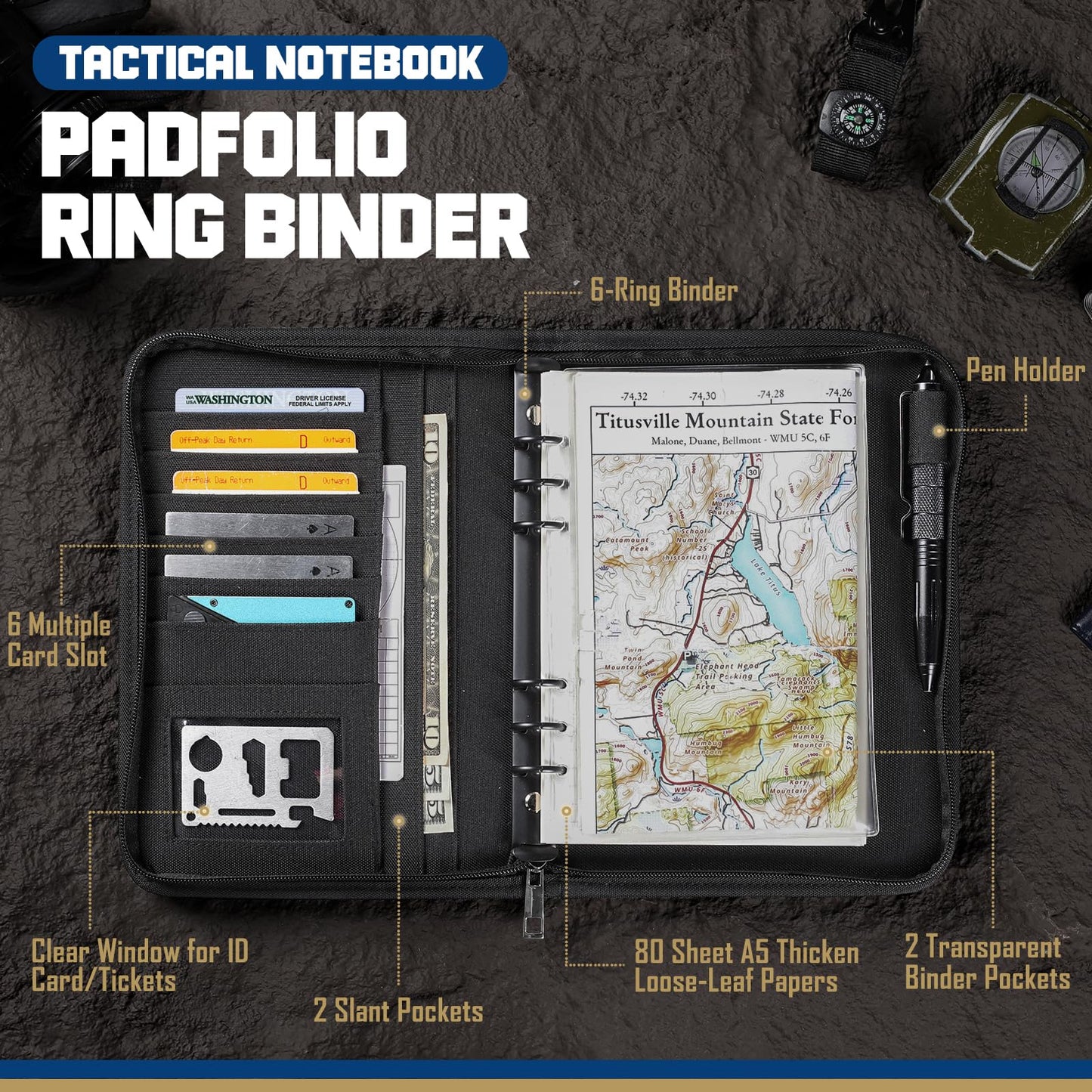 WYNEX Tactical Notebook Padfolio Ring Binders with 80 Sheets,Army Military Notebook Tactical Portfolio Binder with Zipper for Tactical Gear and Organizer, Refillable A5 6 Ring Binder