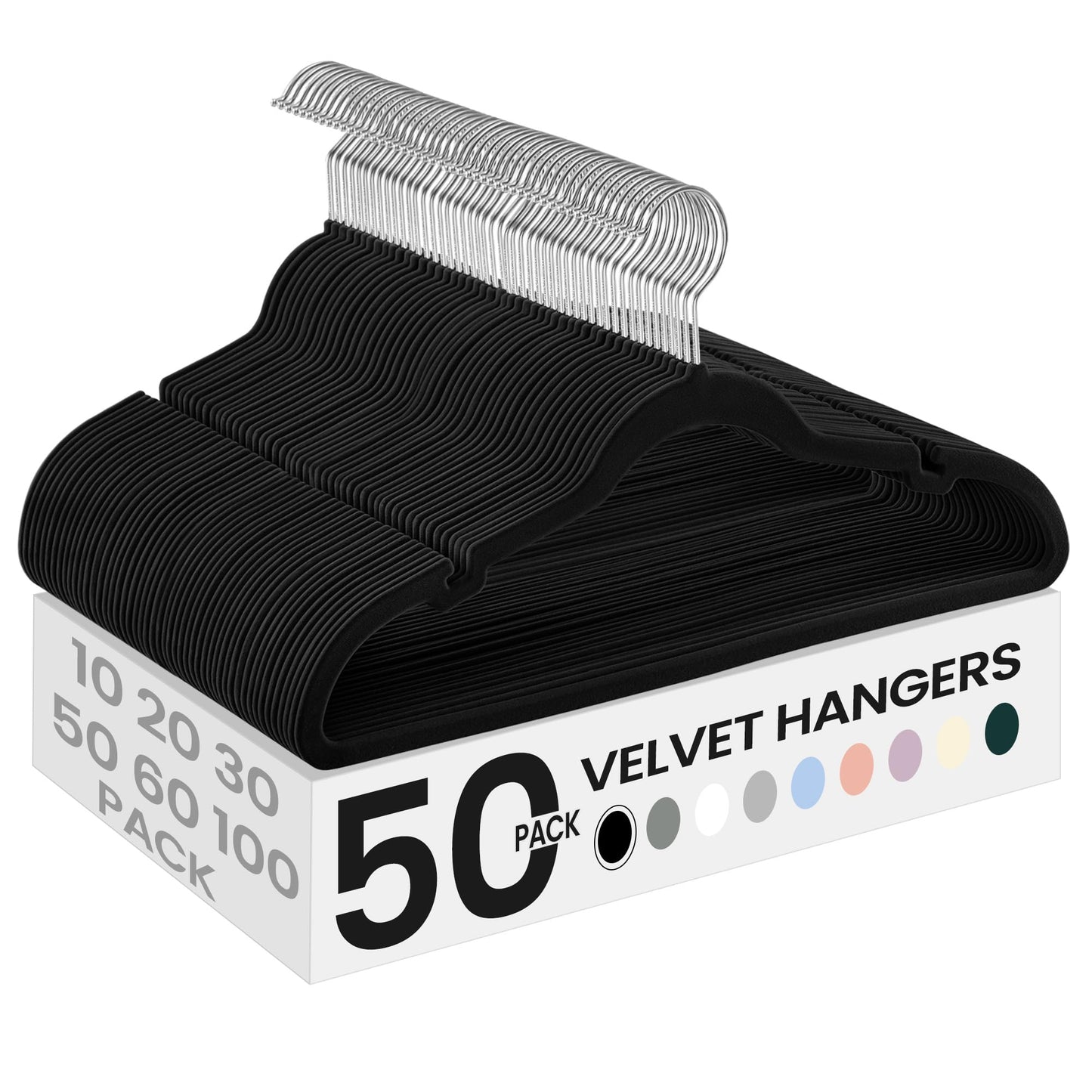 SONGMICS Velvet Hangers, Non-Slip Clothes Hangers with Shoulder Notches, Pants Bar, 360° Swivel Hook, Space-Saving, for Closet, 50 Pack, Ink Black UCRF029B05