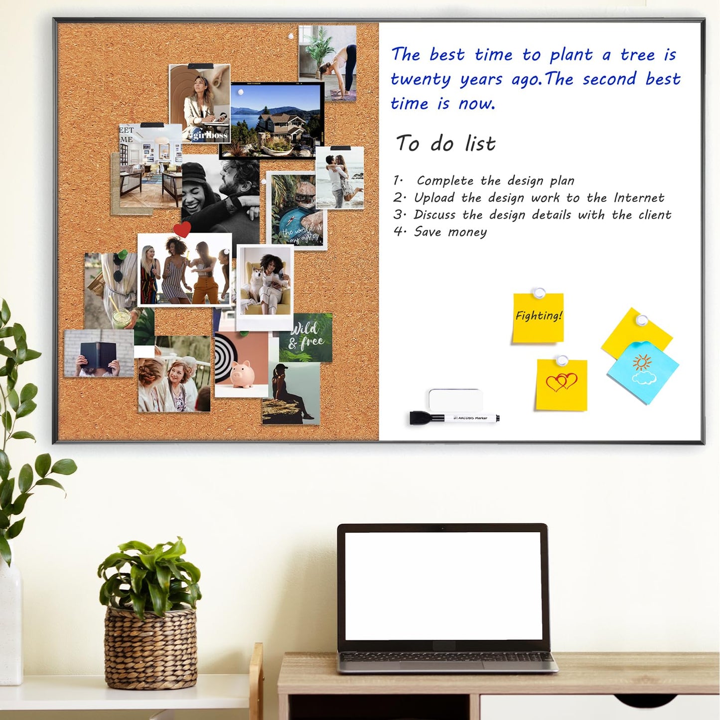 Dry Erase Cork Board Combo, ARCOBIS 36"X24" Bulletin White Board for Wall, Magnetic Corkboard, Vision Whiteboard for Office,Home,School Black Frame