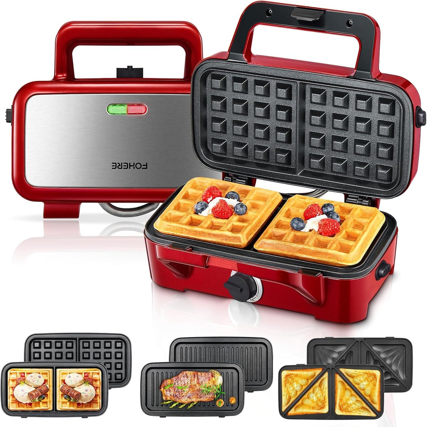 FOHERE 3-in-1 Waffle Maker, Sandwich Maker, Panini Press with Removable Plates, 5-Gear Temperature, LED Indicator Lights, Portable Handle, 1200W Belgian Electric Grill Cheese Machine (Red)