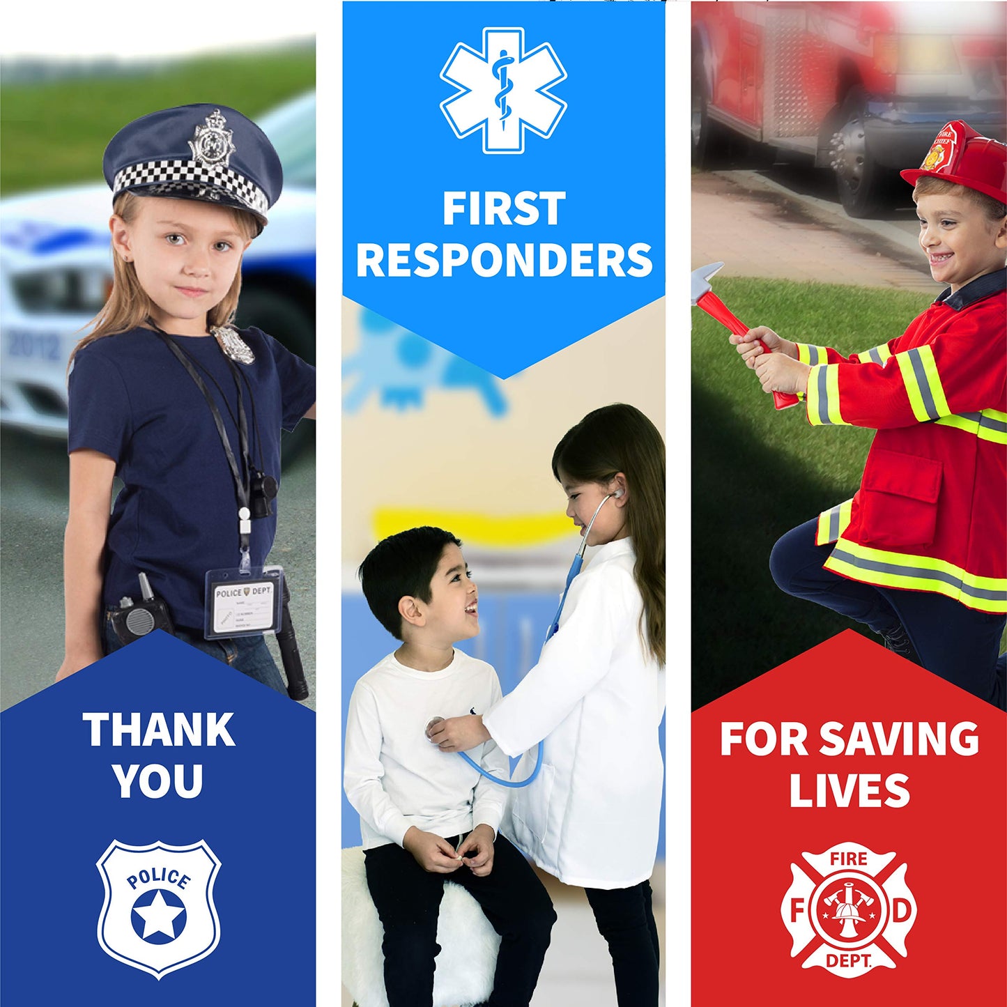 Born Toys Costume Dress Up & Pretend Play - Premium Hero First Responder Set - Fireman, Police & Doctor Set for Kids Ages 3-7