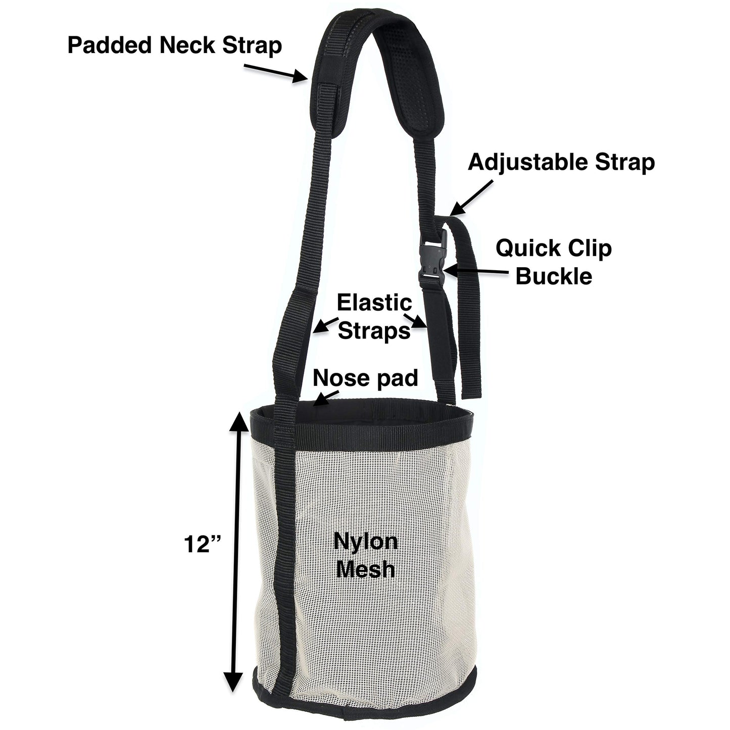 Majestic Ally Horse Feed Bag, Heavy Duty Nylon Mesh Grain Feed Bag, Adjustable Strap with Durable Snap and Elastic Straps, Comfort Neck Pad and Nose Pad (Full, Beige)
