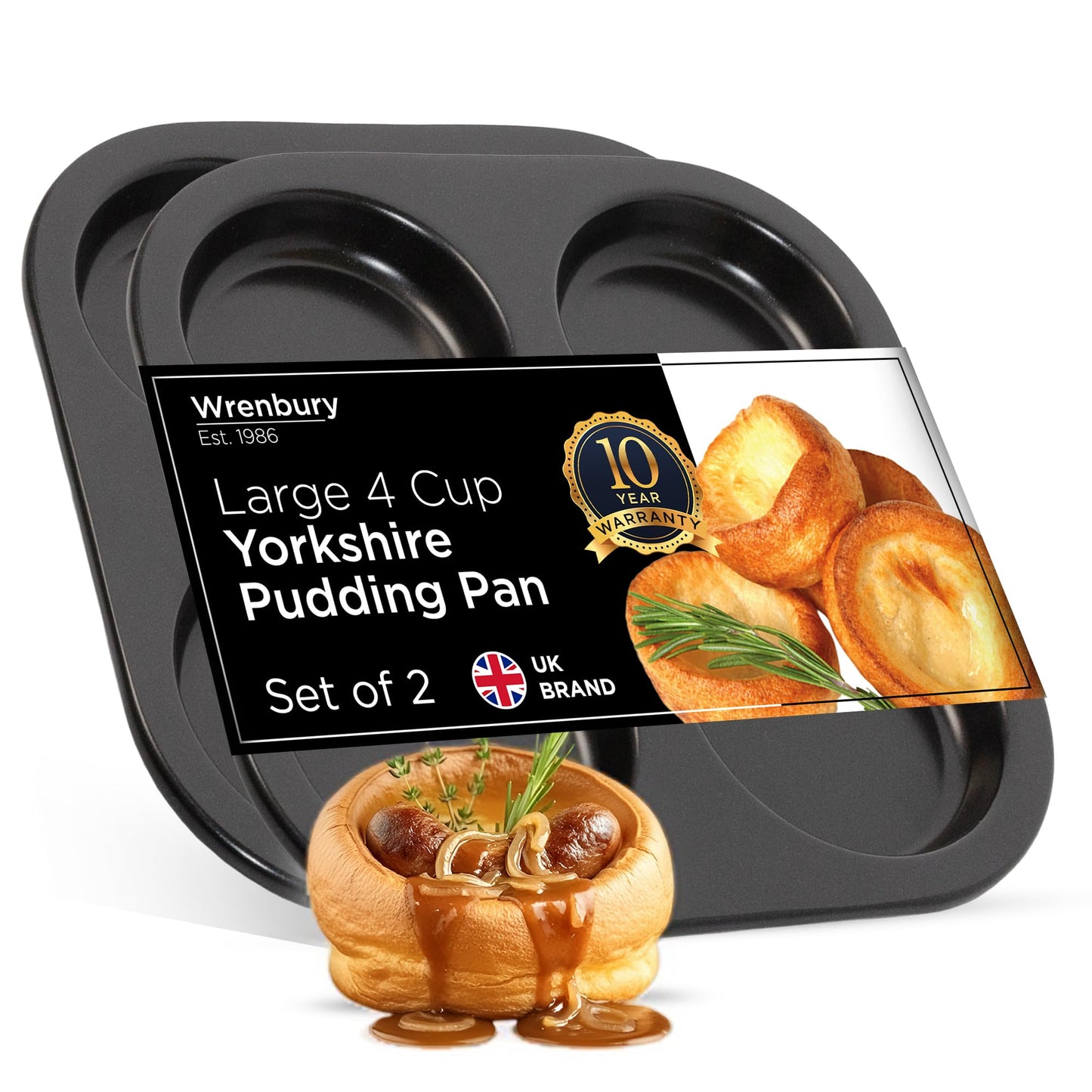 Wrenbury Yorkshire Pudding Tray 4 Cup Twin Pack | Robust Non Stick Yorkshire Pudding Pan Tin – 10 Year Quality Guarantee Baking Tray Christmas Yorkshire Puddings (Set of 2)