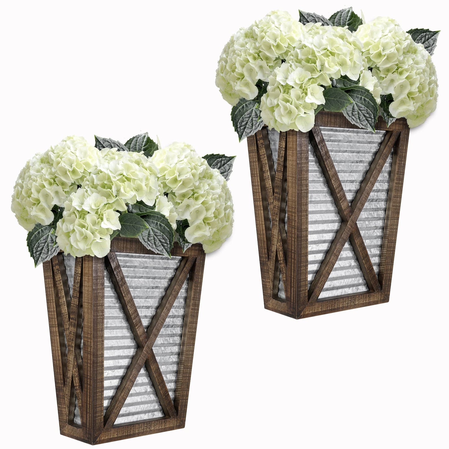 Autumn Alley Large Rustic Farmhouse Wall Planter Set of 2, Farmhouse Decor Wall Hangings for Hanging Planter Indoor, Galvanized Wall Planter, Corrugated Metal, Wooden, Brown - Flowers Not Included
