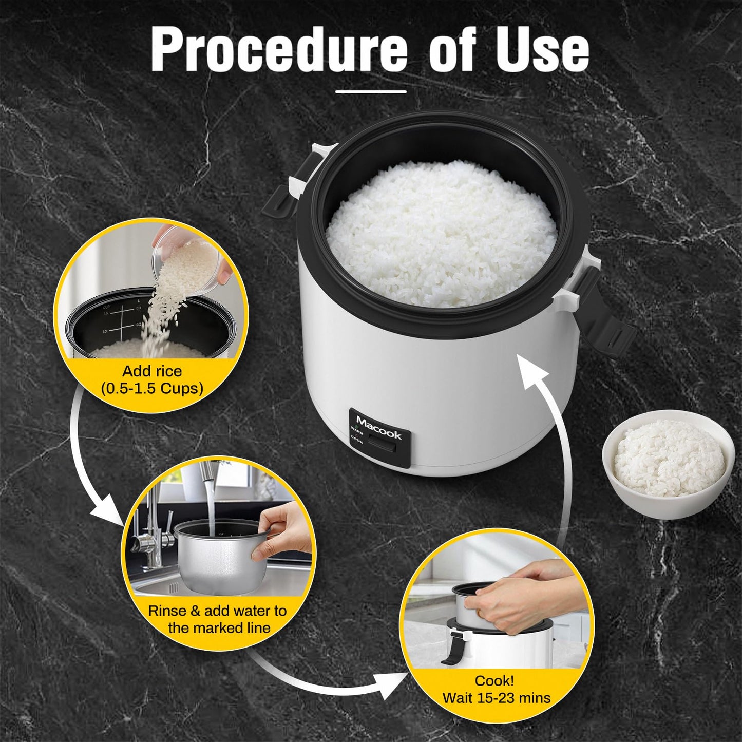 Macook Rice Cooker Small, 3-Cup Cooked (1.5 Cup Uncooked) Mini Rice Maker with Bento Box & Nonstick Pot - for Grains, Soup, Oatmeal, Keep Warm, Black