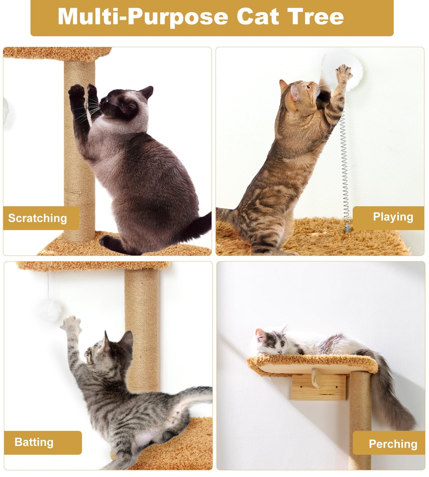 Brown Wall Mounted Cat Wall Climber & Tree for Kittens, 4 Platform Cat Shelves with Brown Plush Cushions, Floating Furniture for Climbing, Lounging, Scratching – 125 cm