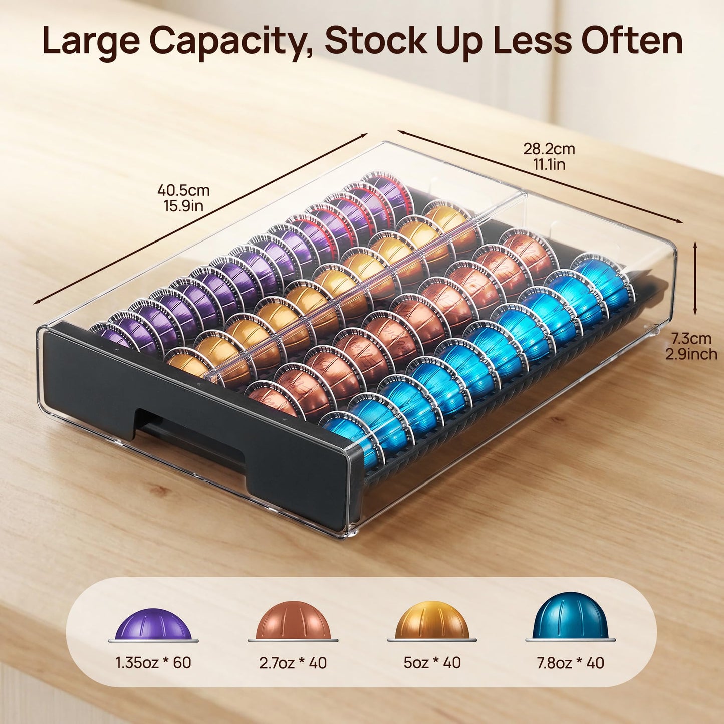 Vtopmart Coffee Pod Holder for Nespresso Vertuo Pods, Clear Acrylic Anti-Slip Coffee Pod Organizer with Smooth Pull-Out, Holds 40 Large or 60 Small Capsules