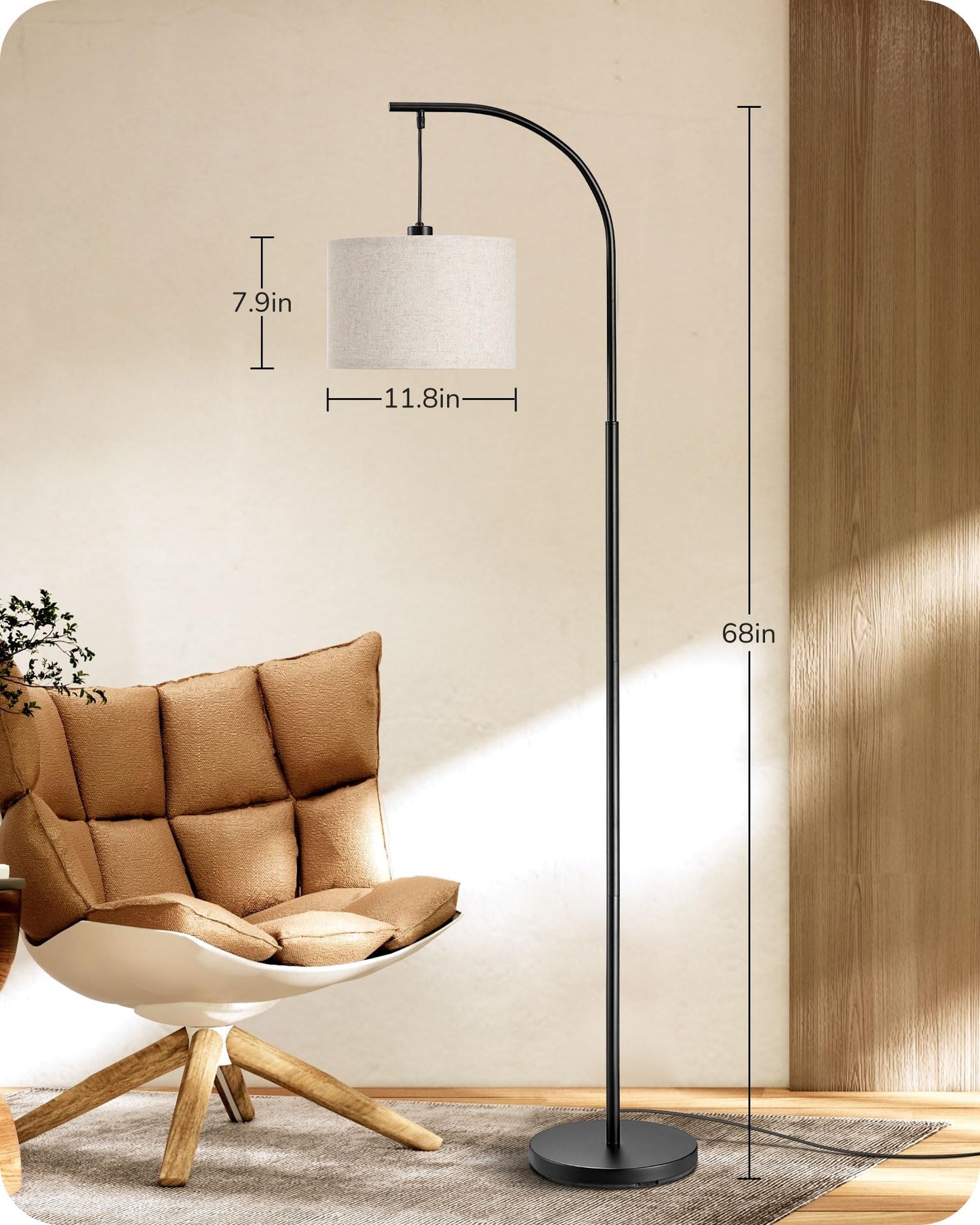 EDISHINE Modern Arc Floor Lamp with Beige Linen Drum Shade & Heavy Base, Dimmable Black Reading Light, Remote Control Bulb Included, Tall Standing Lamp for Reading, Office, Lighting