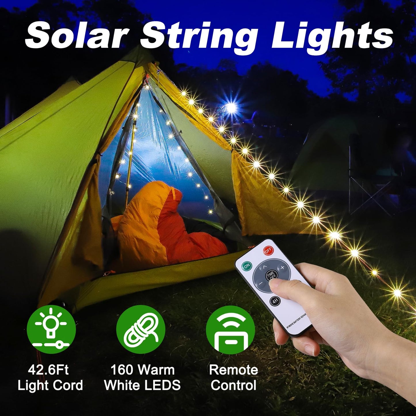 SMY Lighting 4 in 1 Solar Camping String Lights, 42.6Ft Ultra Long String with 160LEDs, Solar Powered and USB Rechargeable Light with Remote Control, Portable Camping Light for Hiking, Decorations