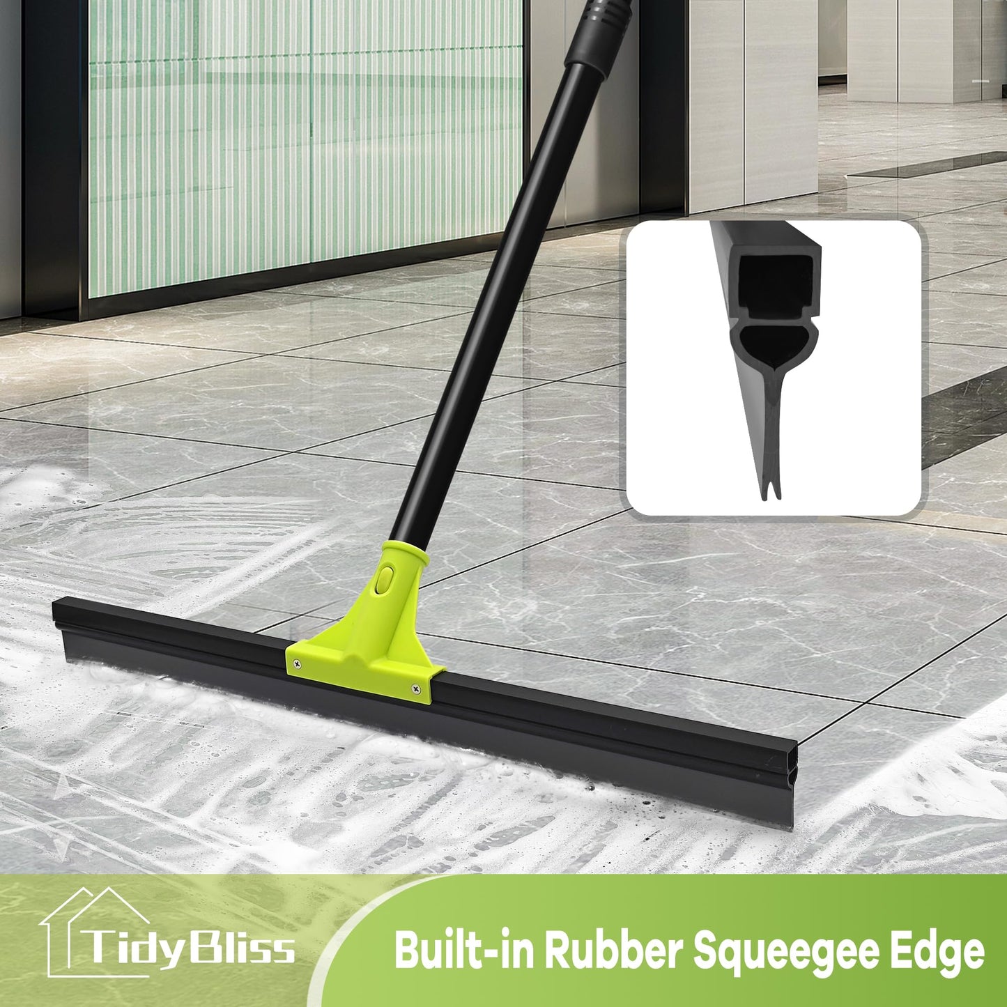 TidyBliss Floor Squeegee Broom, 24 inches Large Heavy Duty Rubber Foam Water Scraper, Epoxy Wiper Mop with 62 inches Long Handle for Cleaning Concrete Pool Rug Garage Deck Shower Window Outdoor Green