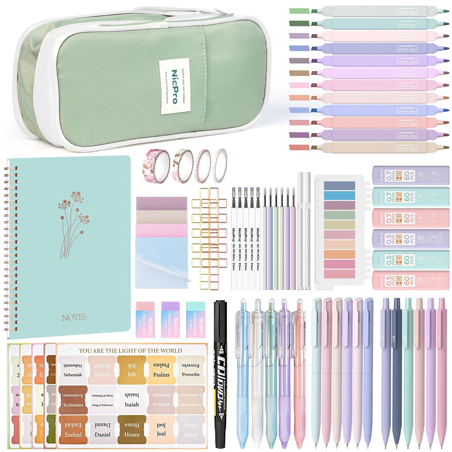 Nicpro 76PCS Bible Study Supplies Journaling Kit with Tabs, Notebook, Highlighter and Pen Case - Annotation Kit, Study Group Essentials Accessories Set for Women, Students, Beginner Christian Gifts