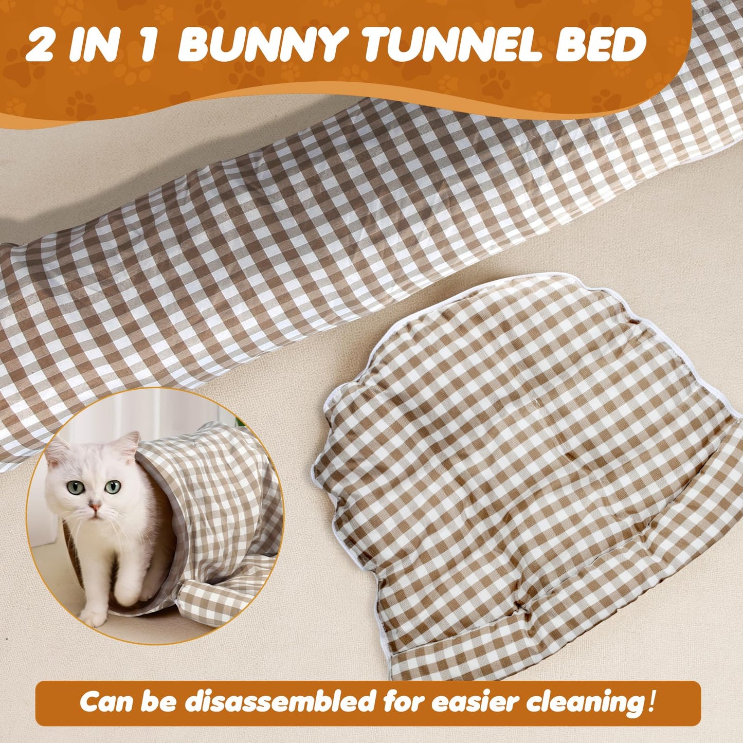 Bunny Tunnel Bed, 2-in-1 Collapsible Tunnel Tubes Toys with Removable Mat Hideout for Cats Kittens Rabbits Guinea Pigs Kitty