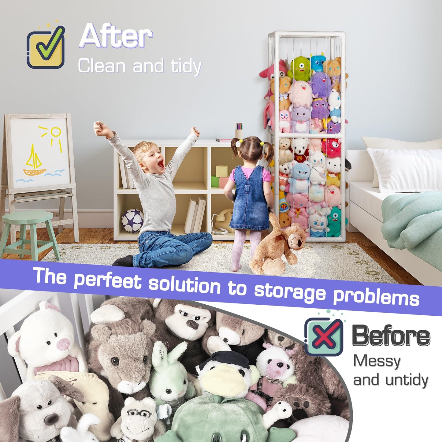 Trycooling Stuffed Animal Storage Zoo Stuffed Animal Holder Space Save Vertical Stuffed Animals Storage PVC with Elastic Band and Net for Playroom Bedroom Nursery (White)
