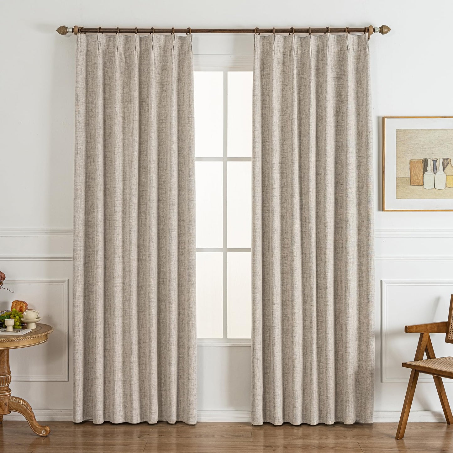 Gleantdeco 84 Inch Long Natural Linen Pinch Pleated 100% Blackout Curtains & Drapes, Farmhouse/Living Room/Bedroom Curtains 2 Panels Set, Thermal Insulated Window Room Darkening Curtain