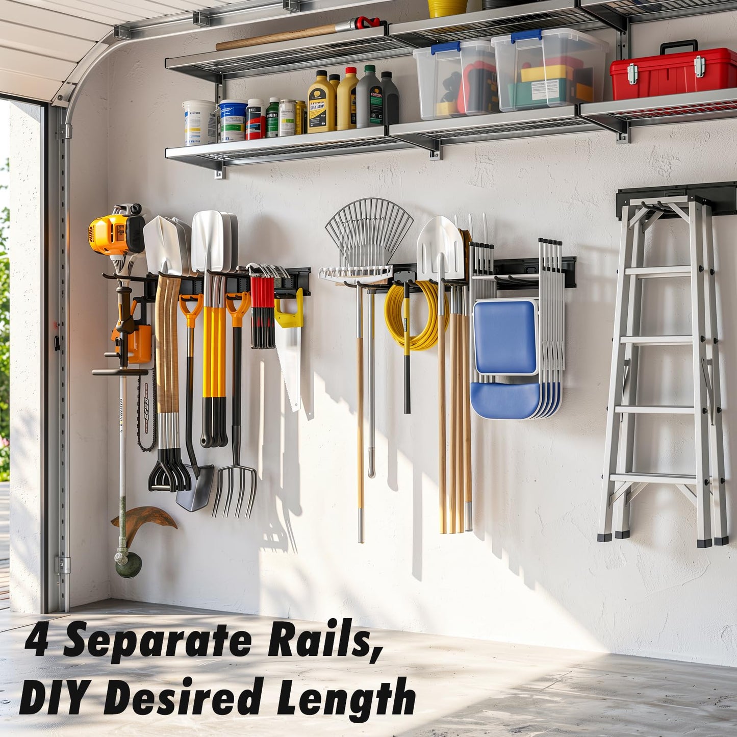 Housolution Heavy Duty Garden Tool Organizer 64 Inch - 18Pack Carries 570 lbs, Garage Tool Organizer Storage System, 4 Rails with 12 Adjustable Hooks, Tool Holder Wall Mount for Warehouse, Workshop