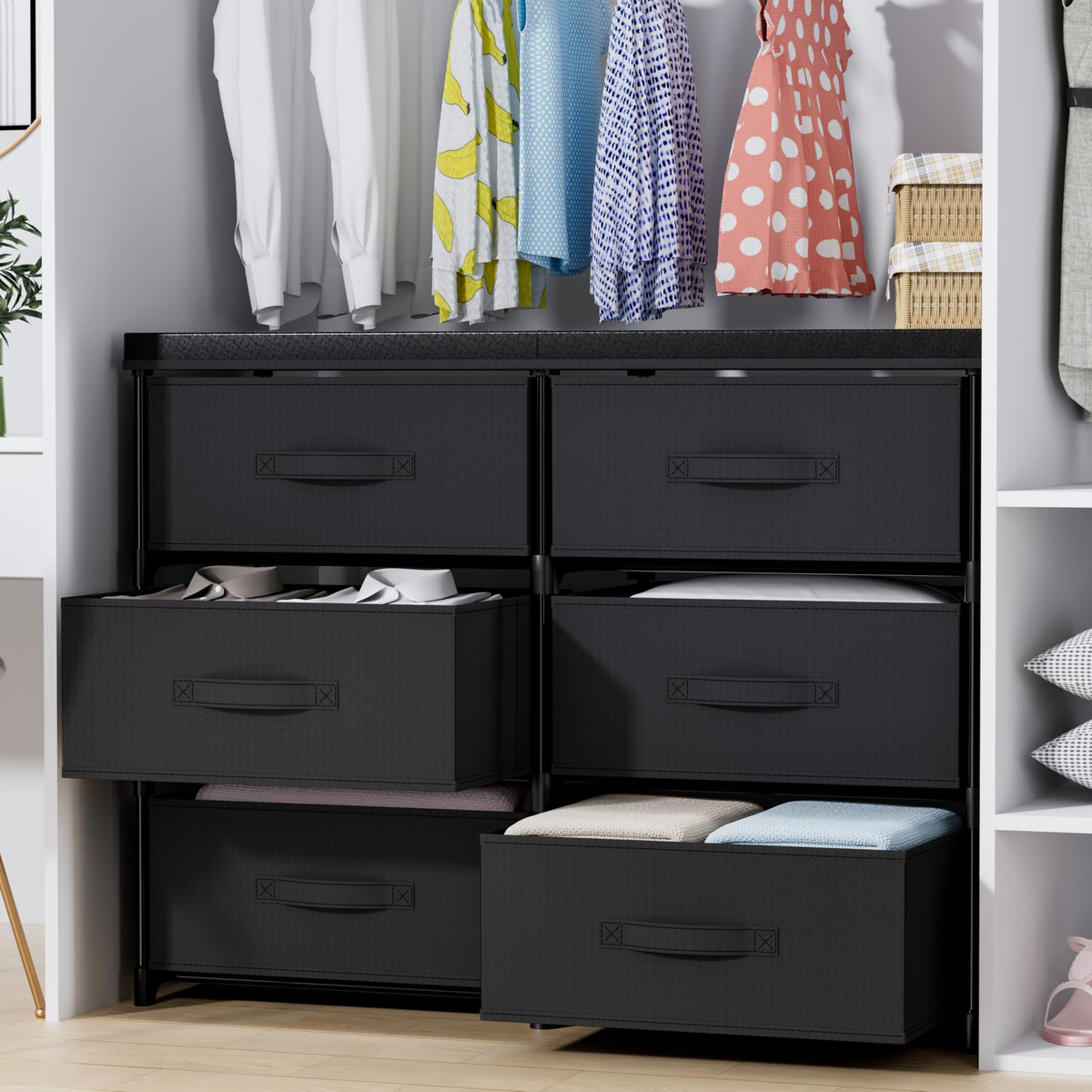 PPN Dresser with 6 Fabric Drawer Stand Desktop Sturdy Metal Plastic Support Tube Cube Storage Cabinet for Living Room, Bedroom Organization Dorm Front Hall Entryway Black