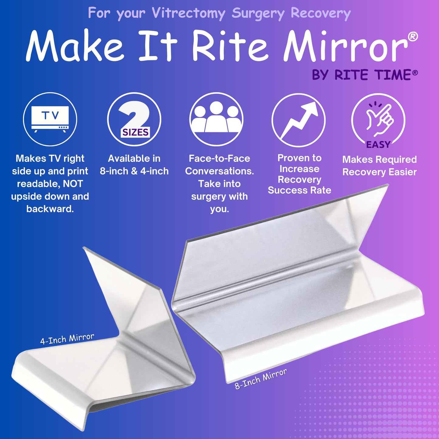 8" Rite Time 2-way Make It Rite Mirror for face down vitrectomy eye sight recovery (8" wide x 4" tall)