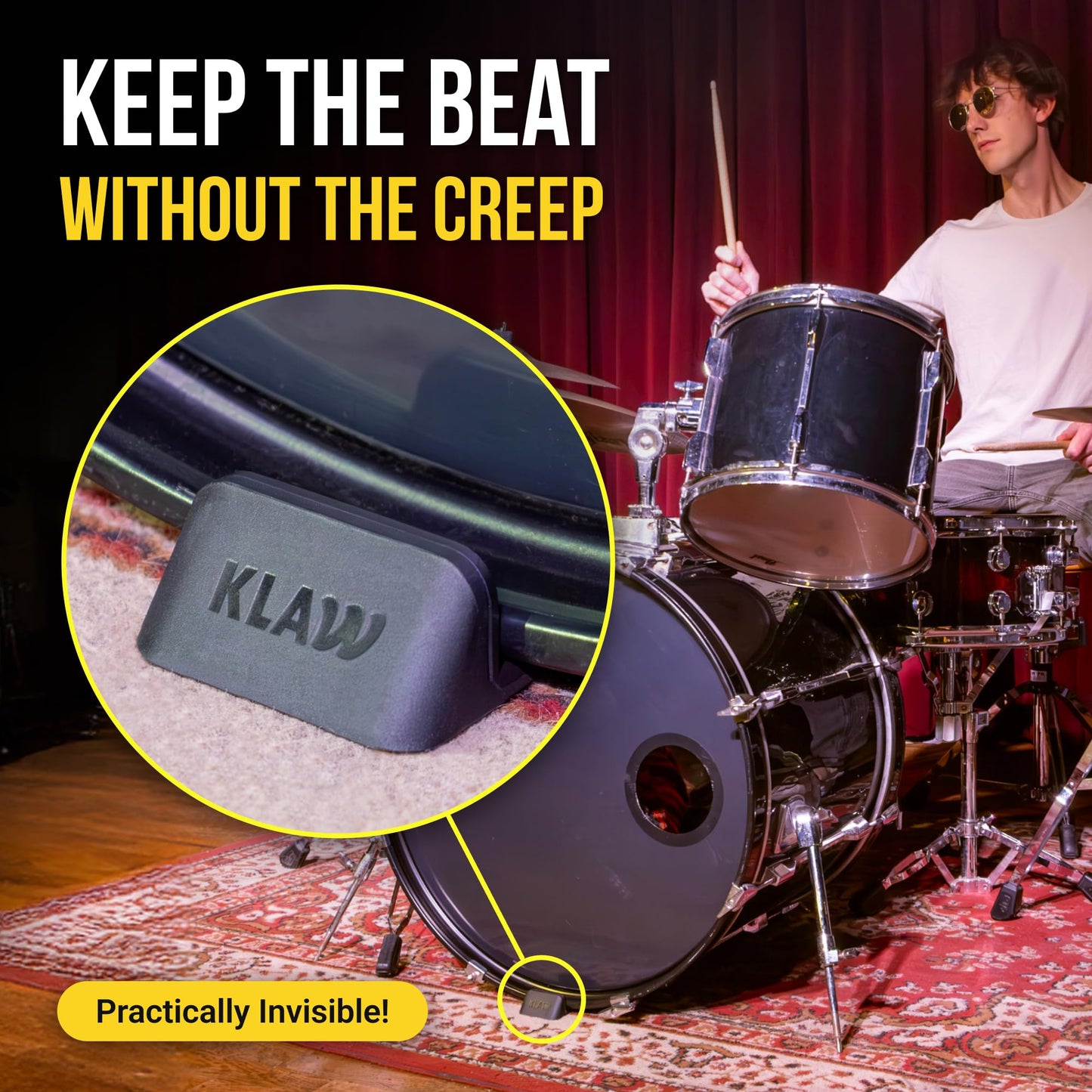 KLAW Bass Drum Rug Anchor - Completely Stops Drum Creep | Works on Every Drum Mat, Drum Rug & Carpet | Pocket Drum Accessories For Kick Drums | Gift Ready Drum Set Brake Accessory (Black, Regular)
