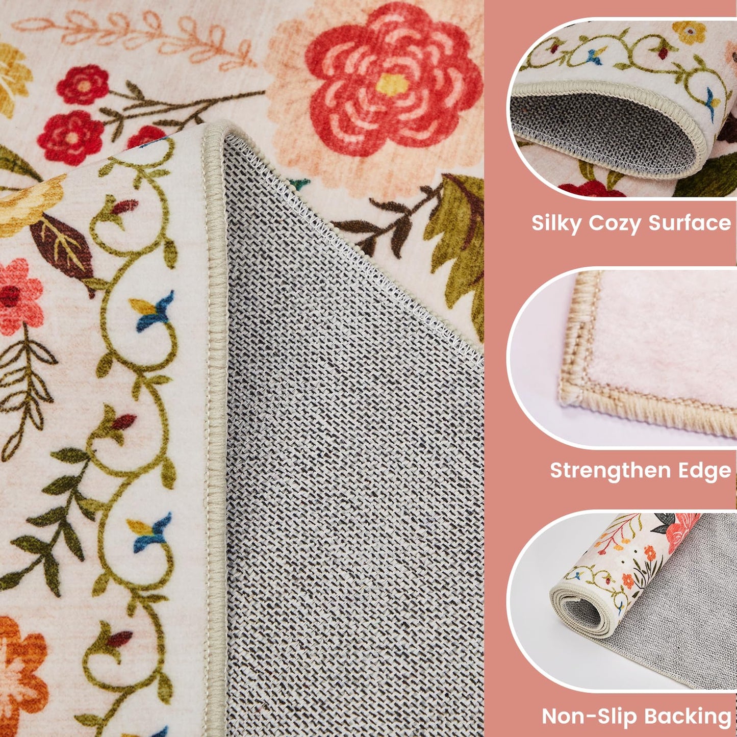 Runner Rugs for Hallway 2x10 Ft, Ultra Thin Non-Slip Long Floral Carpet Washable, Area Rug for Living Room Bedside Entryway Hall Bedroom Stain Resistant Boho Low-Pile Indoor(Beige with Pink)