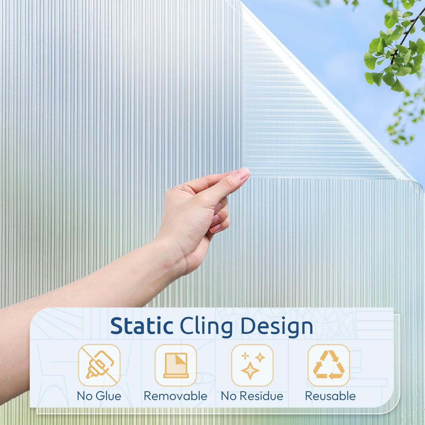 rabbitgoo Reeded Glass Window Privacy Film, Non Adhesive Frosted Glass Window Film, Static Cling, Removable, UV Heat Blocking, Anti-Glare, Decorative for Bathroom Living Room, 60 x 200cm