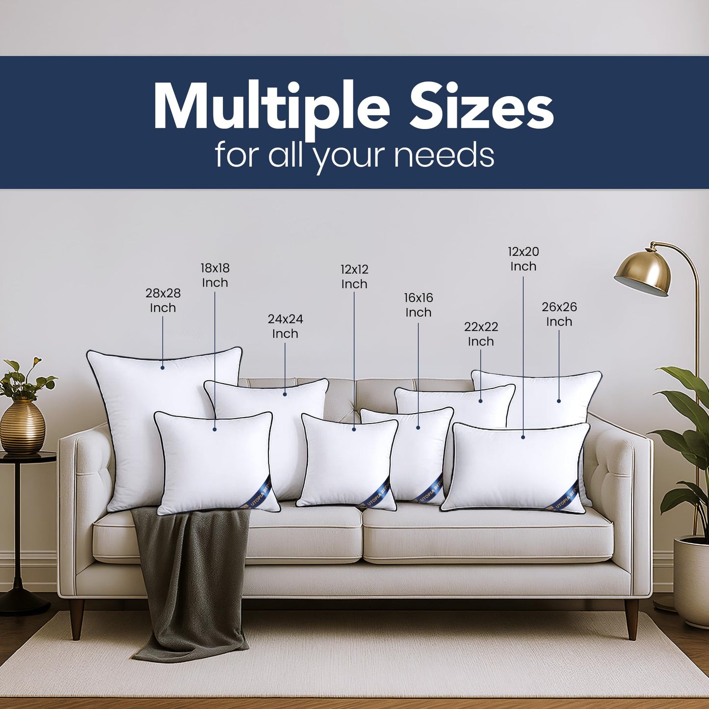 Utopia Bedding Throw Pillow Inserts (Pack of 2, White), 22x 22 Inches Decorative Indoor Pillows for Sofa, Bed, Couch, Cushion Sham Stuffer