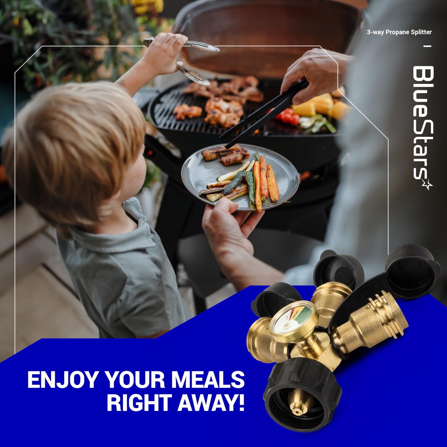 BlueStars 3-Way Propane Splitter Connector QCC/POL with Gauge & Shut-Off Valve – for Gas Grills, Heaters, Camping Stoves, BBQ Griddles, Gas Burners