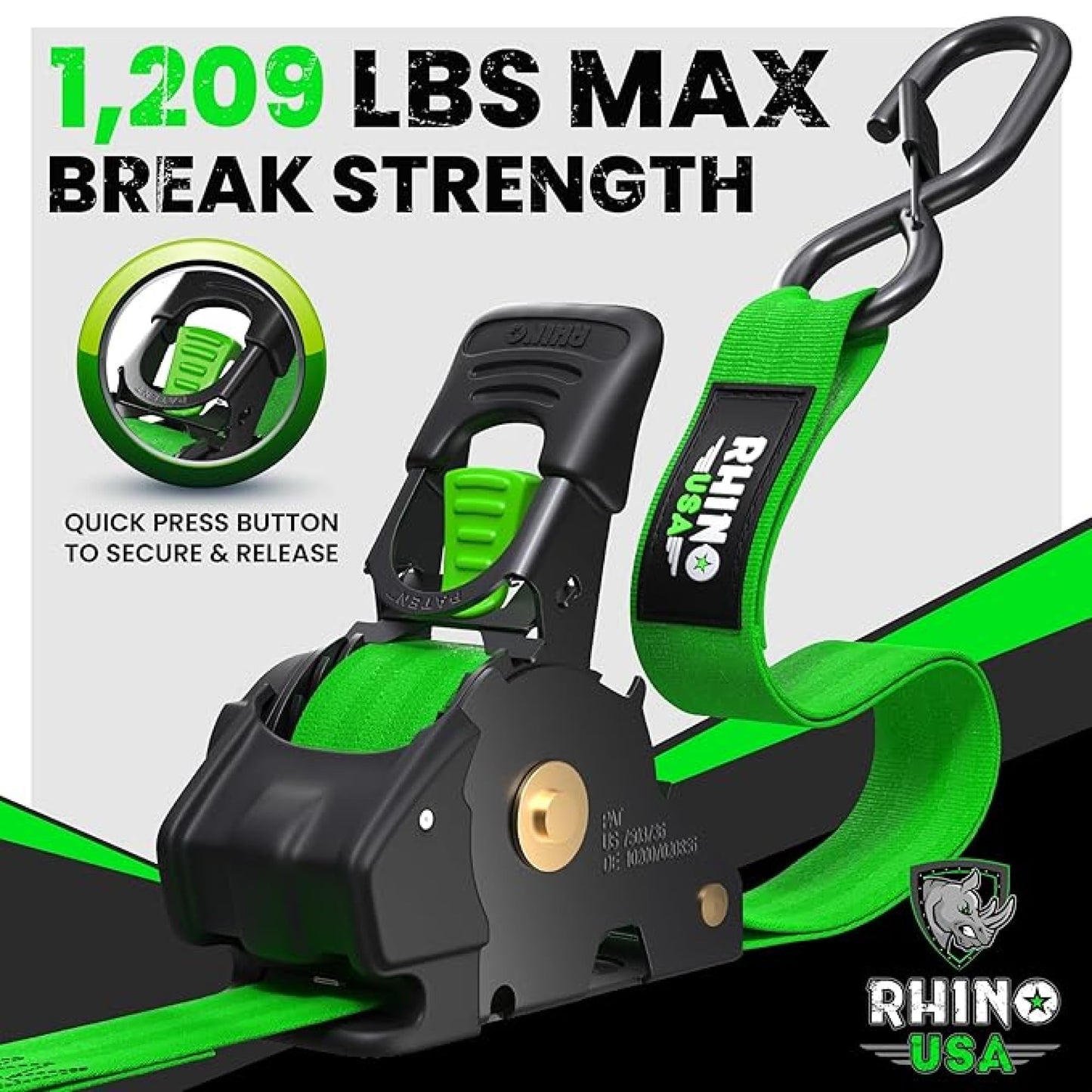 Rhino USA Retractable Ratchet Straps (2-Pack) - 1 Inch x 10 Feet (1,209lb Break Strength) - Auto Self Retracting Tie Down Straps for Truck, Cargo Trailer, Motorcycle, Rad & More - Green
