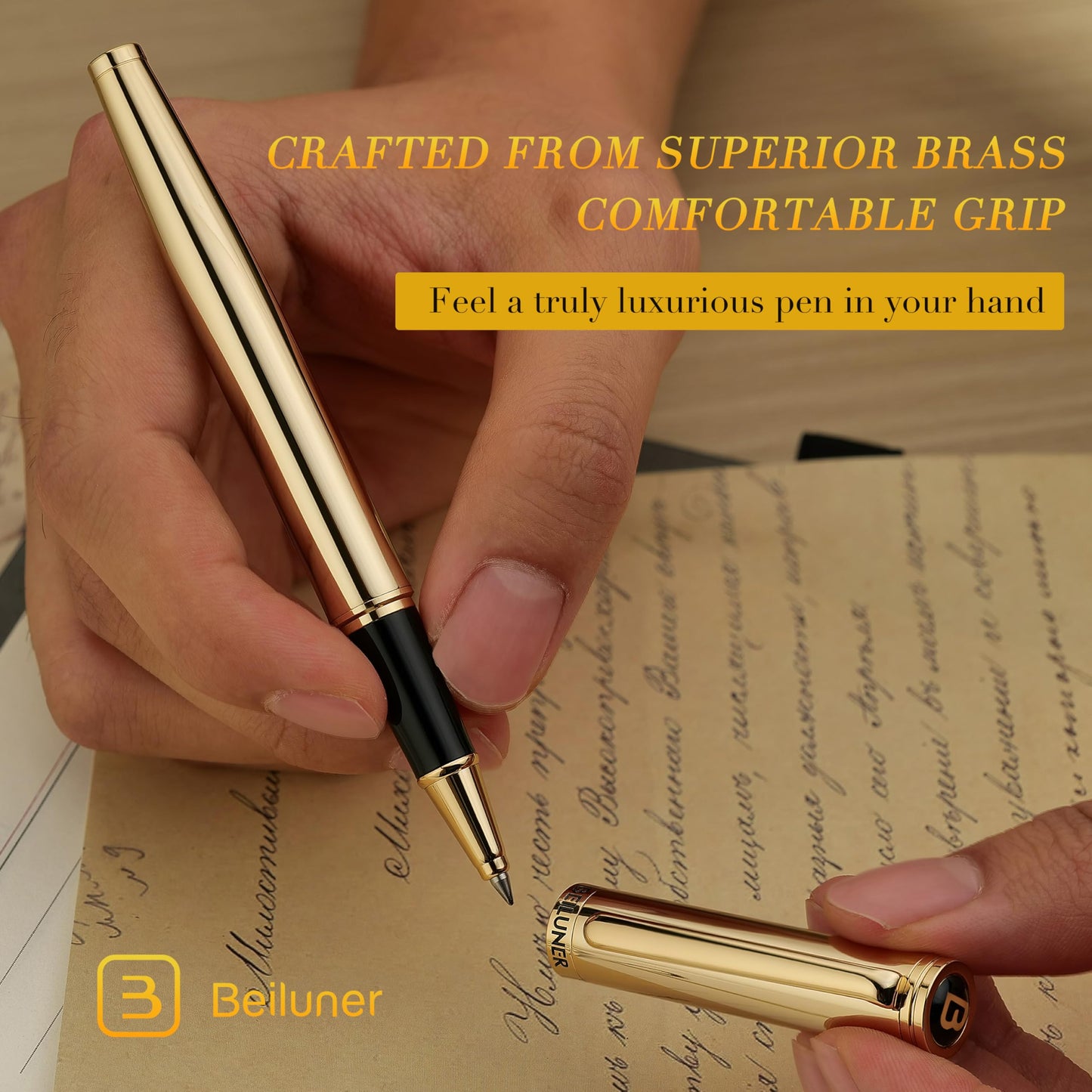 BEILUNER Luxury Rollerball Pen,Stunning Gold Pens with 24K Gold Finish, Noble and Elegant Designs,Schneider Ink Refill, Fancy Gift Set for Men & Women, Executive Writing, Office, Nice Graduation Gift
