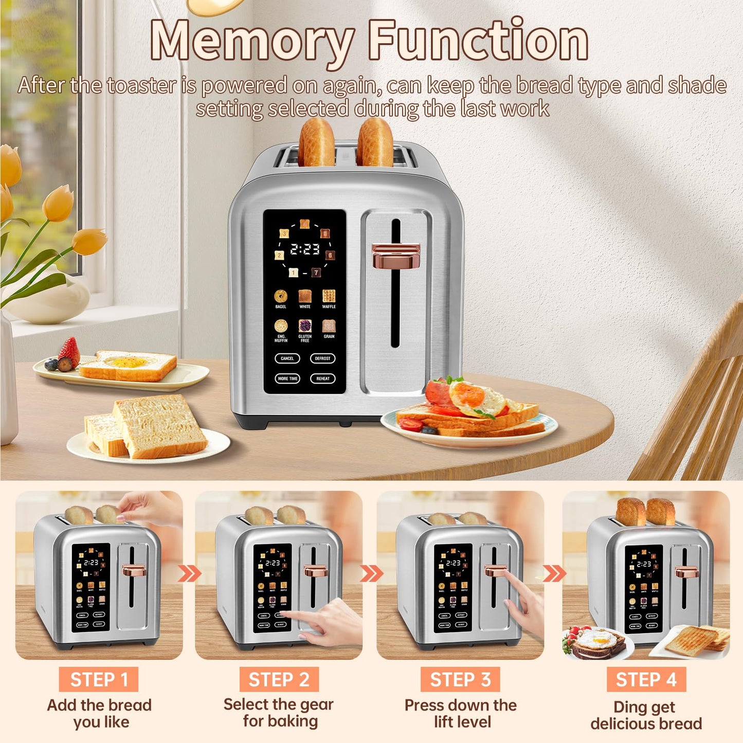 SEEDEEM Toaster 2 Slice, Touch Control Stainless Toaster LCD Display, 50% Faster Heating Speed, 1.4'' Wide Slots, More Timer Functions, Removable Crumb Tray, 1350W, Silver Metallic