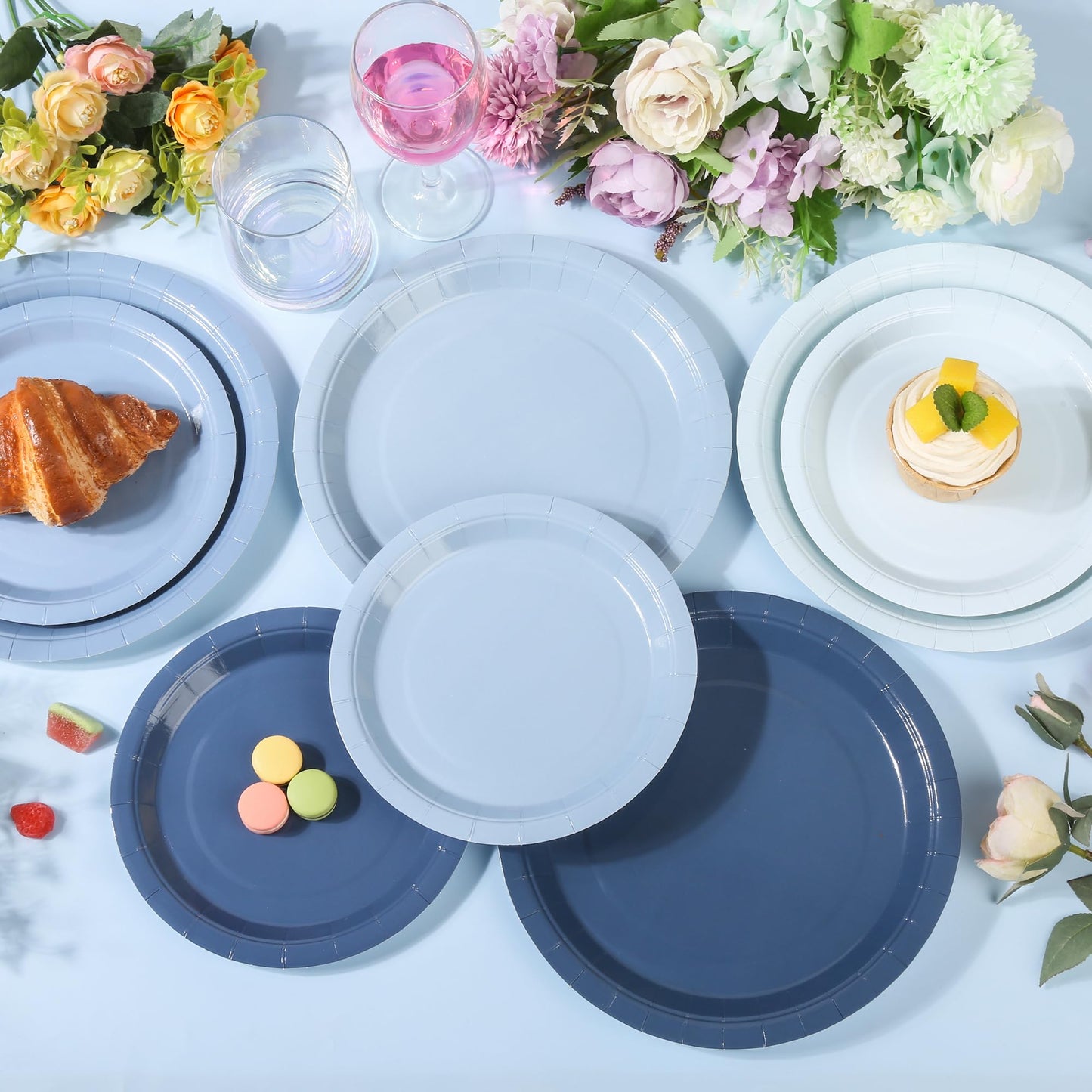 AimFun 96Pcs Dusty Blue Party Plates Gradient Colors Paper Plate 7 Inch 9 Inch Disposable Round Dinner Dessert Plates Set for Birthday Wedding Bridal Baby Shower Christmas Party Supplies