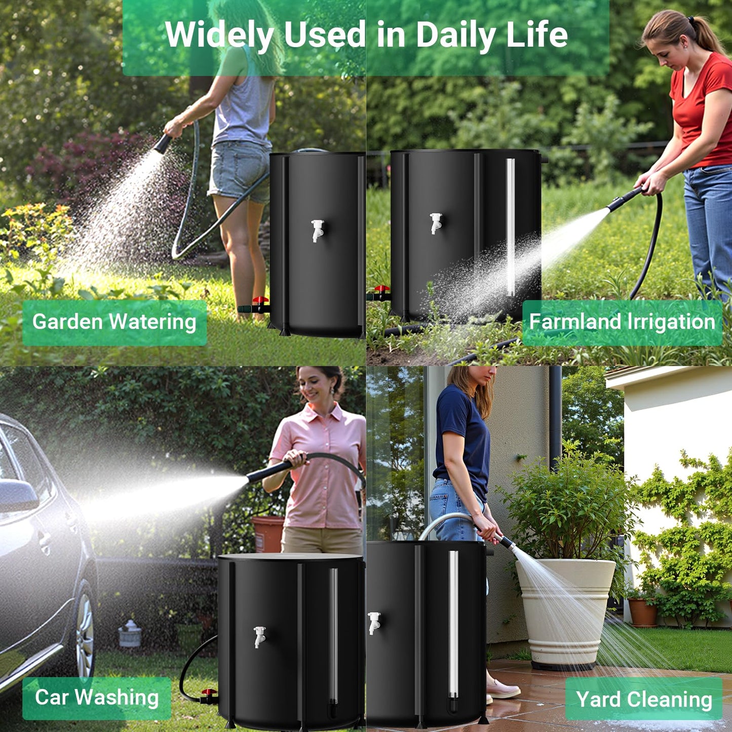 SKM Collapsible Rain Barrel, 53 Gallon Portable Rain Water Collection Barrel for Garden/Outside/Lawn, PVC Rainwater Collection System Water Tank Storage Container with Spigots & Overflow Kit, Black