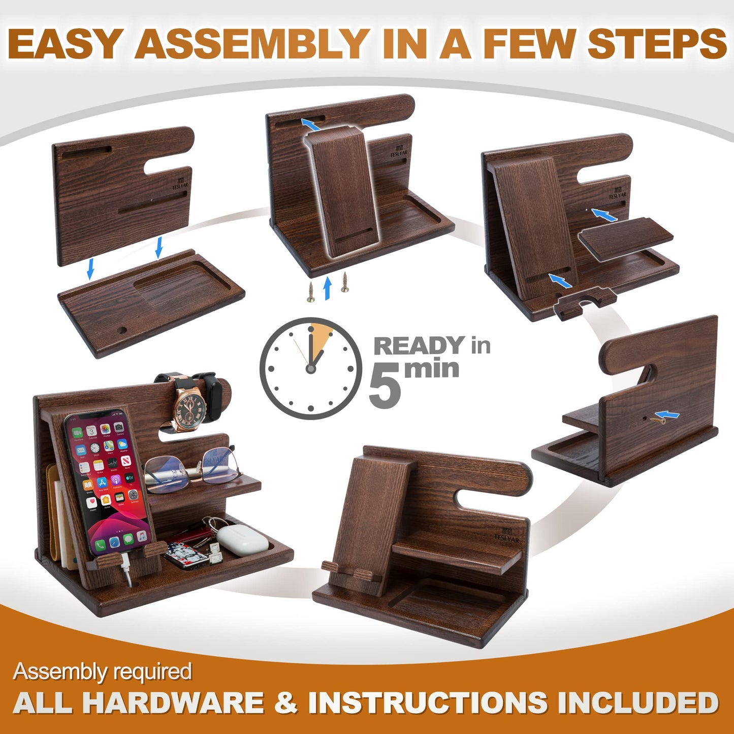 TESLYAR Gifts for Men – Wood Phone Docking Station, Nightstand Desk Organizer, Fathers Gift, Gifts for Dad or for Him, Birthday, Anniversary, Xmas Mens Gift Ideas, Wallet Holder (Bourbon Brown)