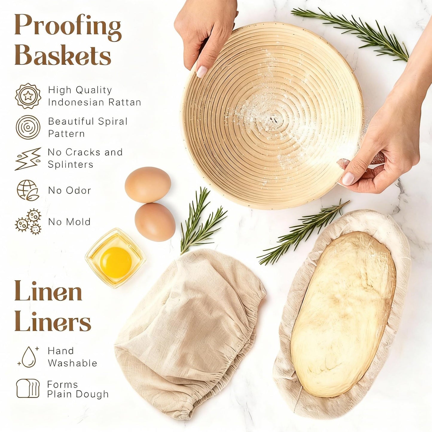 Sourdough Starter Kit, 2 Pcs 9" Round Banneton Proofing Basket, Sourdough Proofing Basket with Danish Dough Whisk, Bread Scoring Lame,Stainless Steel Dough Scraper,Bowl Scraper(2 Pcs 9 inch Round Set)
