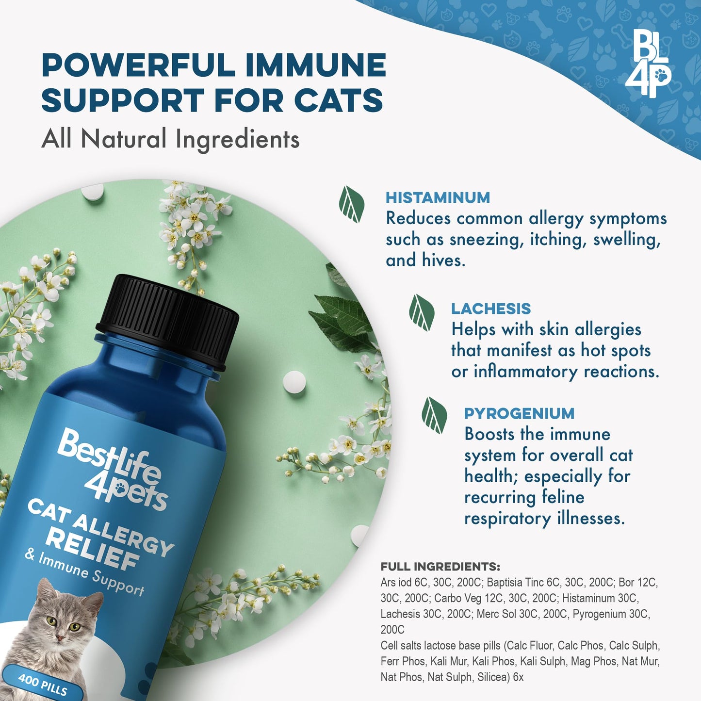 Cat Allergy Relief & Immune Support, Natural Relief for Seasonal Allergies, Itching, Sneezing, Congestion, Runny Nose, and Feline Respiratory Infections, 400 Small Odorless Tasteless Pills