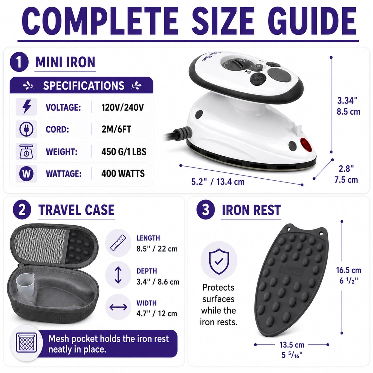 The Quilted Bear Premium Mini Steam Iron - Lightweight Mini Travel Iron for Effortless Quilting & Wrinkle-Free Clothes with Carry Case & Iron Rest - Travel Steamer for Clothes & Crafts (Black) (V2)