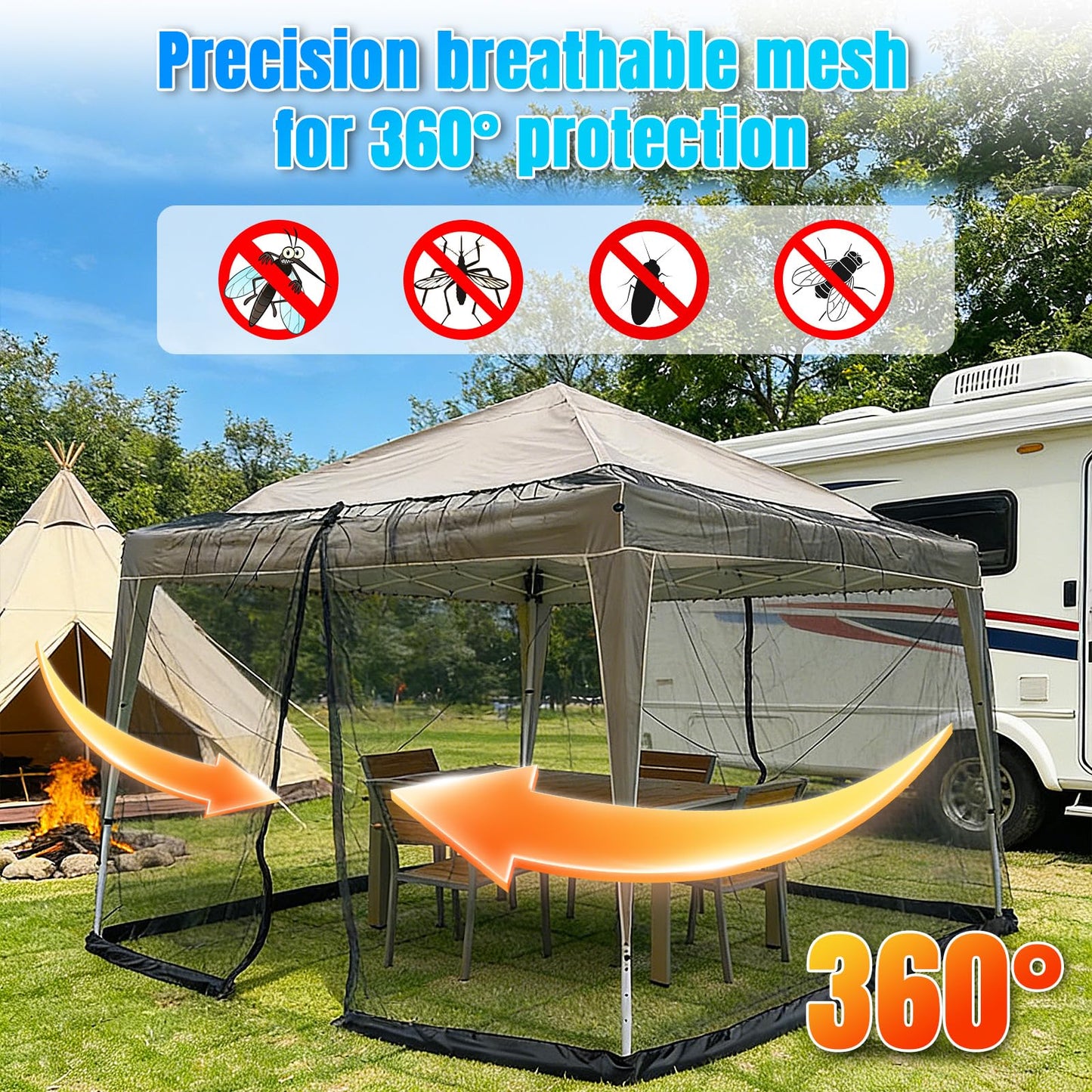 Patio Umbrellas Netting, 10' x 10' Gazebo Mosquito Netting, Otdoor Canopy Umbrella Screen, Hanging Mesh Tent with Double Zipper Door & Adjustable Rope & Weighted Bottom (Only Mosquito Net)