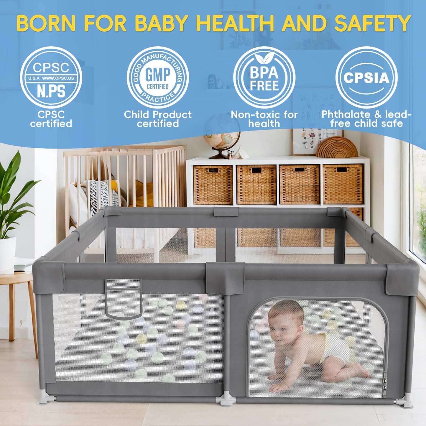 Palopalo Baby Playpen, 50''x50'' Small Playard for Babies and Toddlers, Baby Activity Center with 8 Suction Cup Bases, Infants Play Pen with Gate and Soft Breathable Mesh, Ideal for First-time Mom
