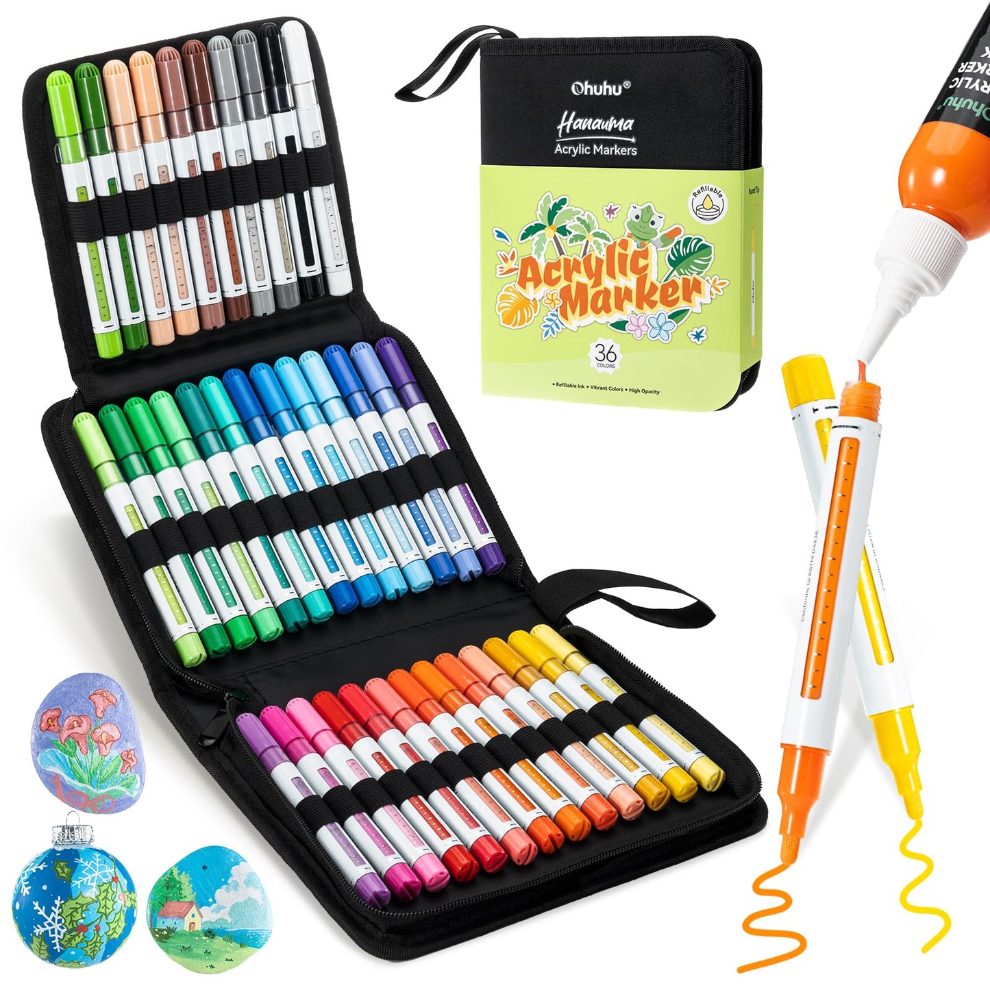 Ohuhu Acrylic Paint Markers Refillable 36 Colors Acrylic Markers High Opacity Paint Markers Waterproof Lightfast for Rock Painting Easter Eggs Wood Glass Ceramic Canvas - Hauauma