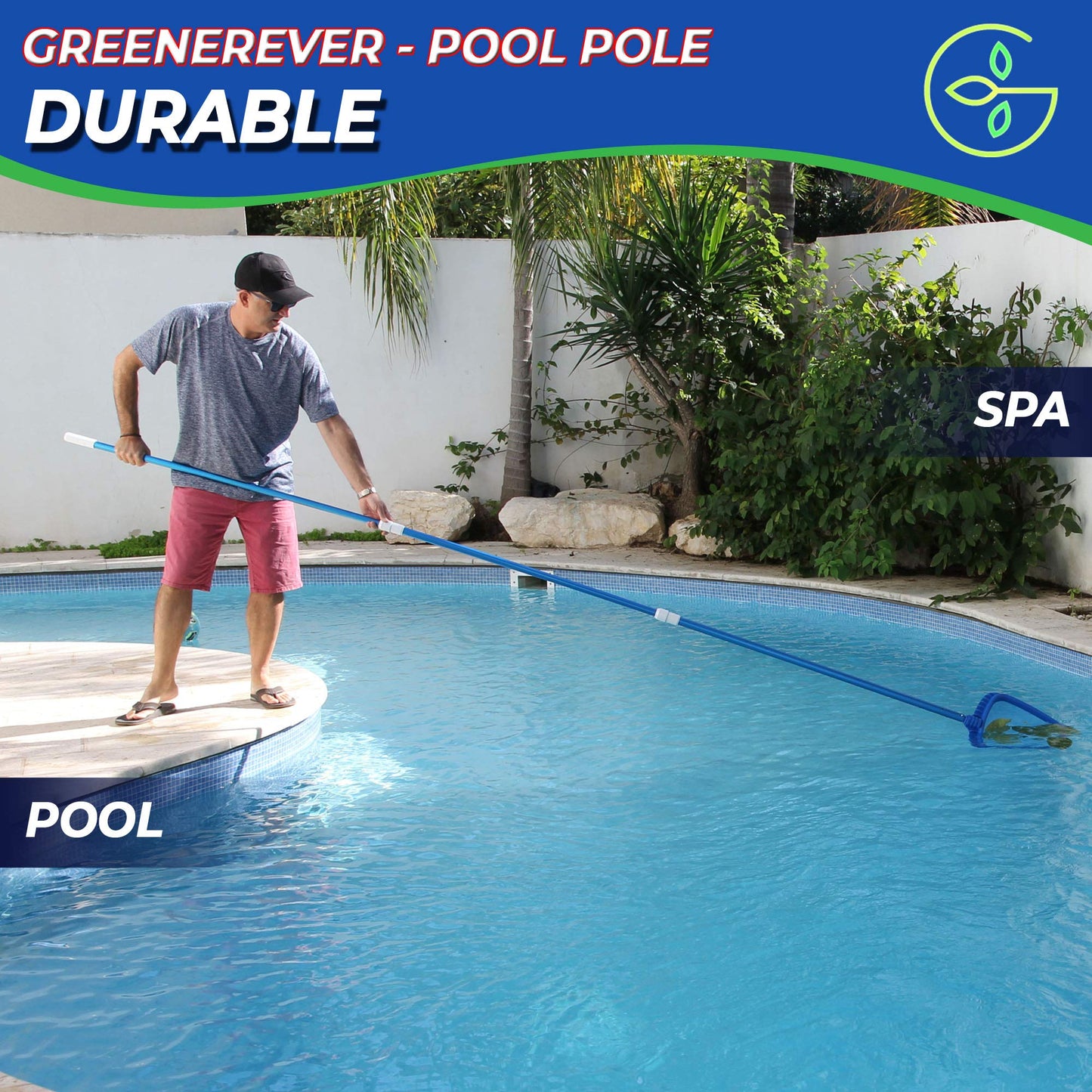 Greenerever 270 cm Swimming Pool Pole Telescopic Aluminum Rod for Skimmer Nets Vacuum Heads with Hoses Rakes Brushes | Adjustable Length | 1.3 mm Commercial Thick Pole | Ribbed Finish Blue