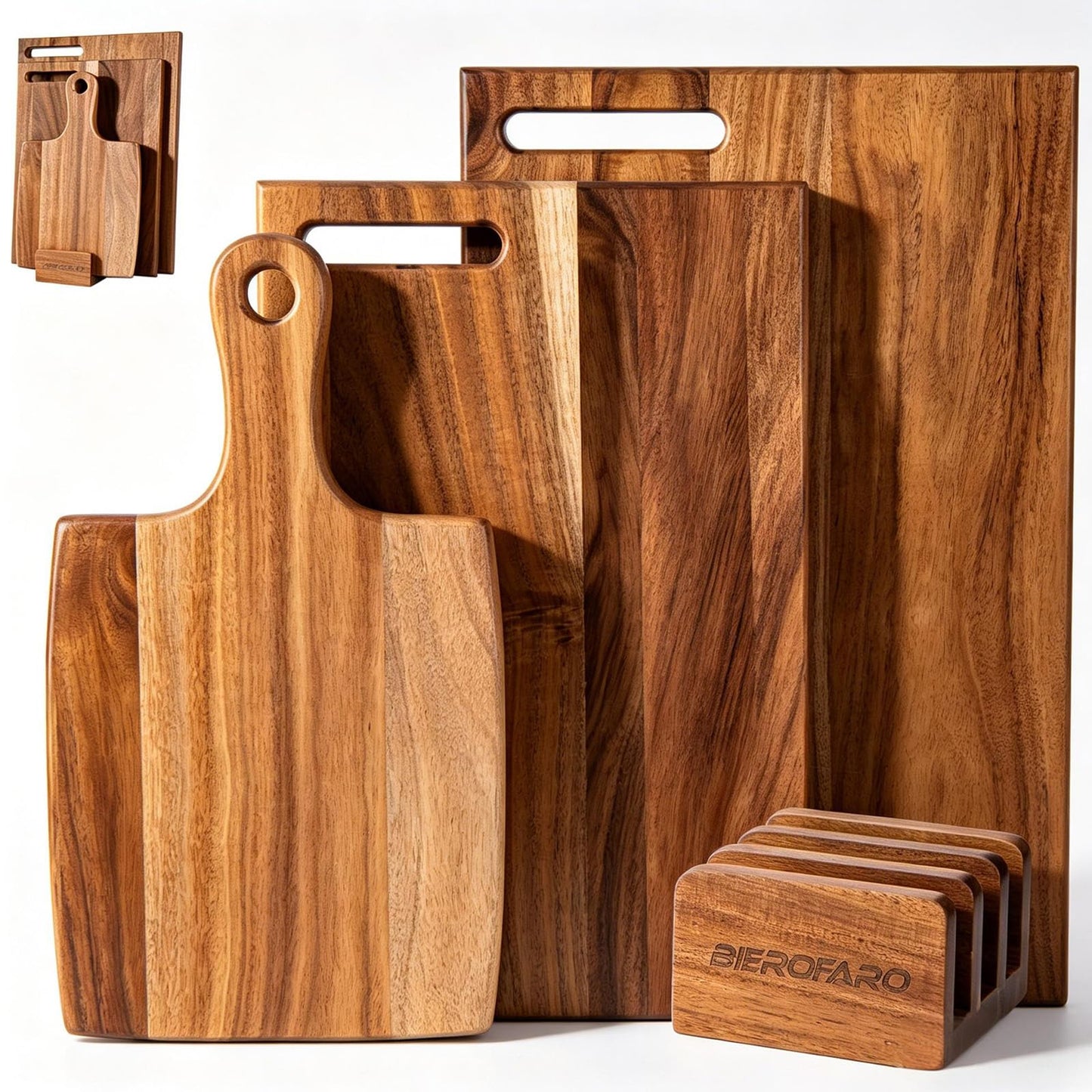 Acacia Wood Cutting Board Set of 3 with Holder, Wooden Cutting Boards for Kitchen, Chopping Board Set with Handle for Meat, Bread, Cheese & Serving, Charcuterie Boards