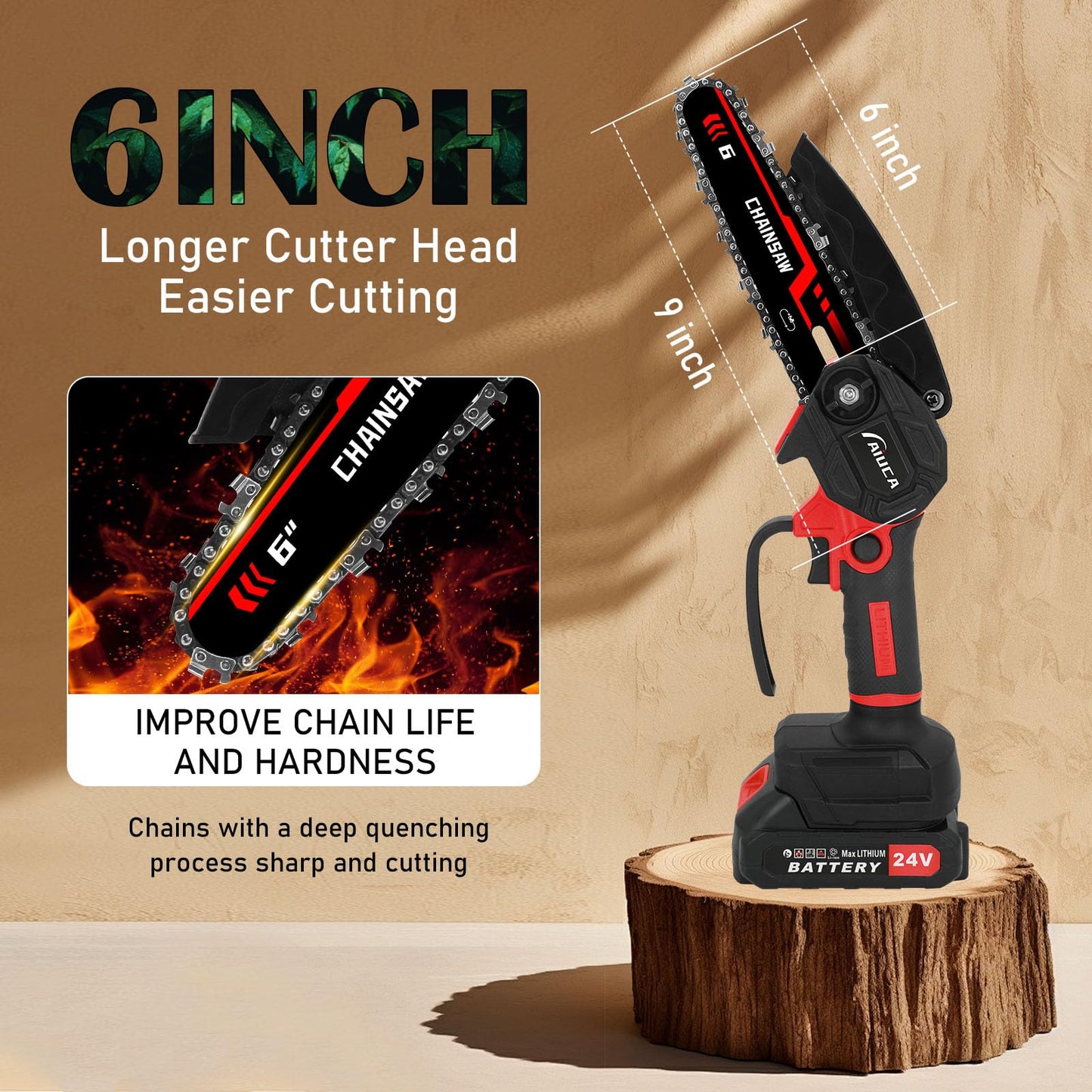 6-Inch Mini Chainsaw, Cordless Handheld Electric Chainsaw with 2X 24V 4000mAh Batteries & 2 Chains, Lightweight & Portable, for Tree Trimming, Wood Cutting, Gardening, Outdoor & Household Use
