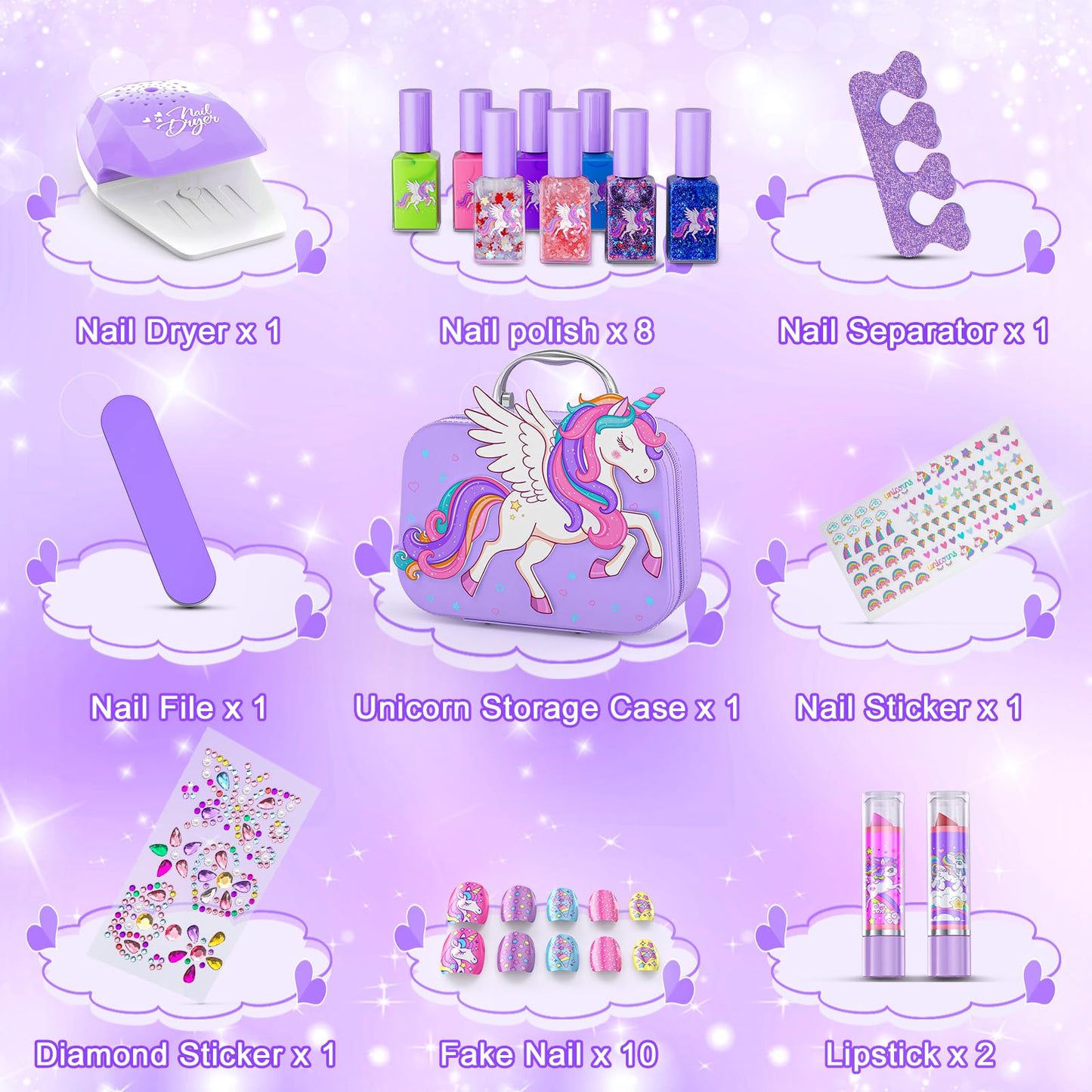 Glisiol Kids Nail Polish Set for Girls Toys, Washable Quick-Dry Toddler Nail Art Kit with Air Cooling Dryer and Cosmetic Case, Christmas or Birthday Gifts for Girls Ages 3 4 5 6 7 9 10 11 12-Purple
