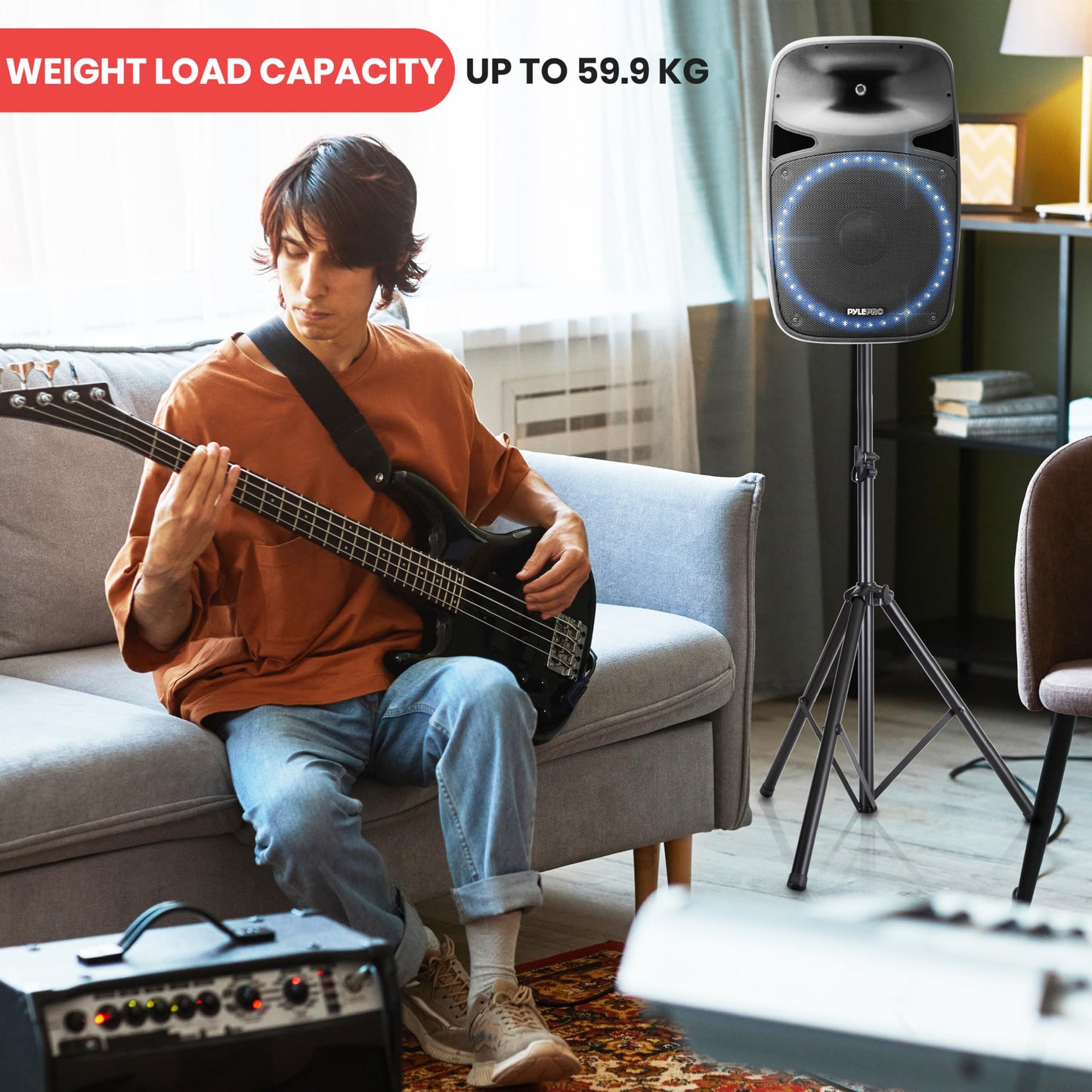 PYLE Speaker Stand - Universal Speaker Stand, Very Stable Non-Slip Tripod Base, Telescoping Height Adjustable 42” to 70”, Weight Capacity 130lbs, w/ 35mm Compatible Insert- for On Stage or Studio Use