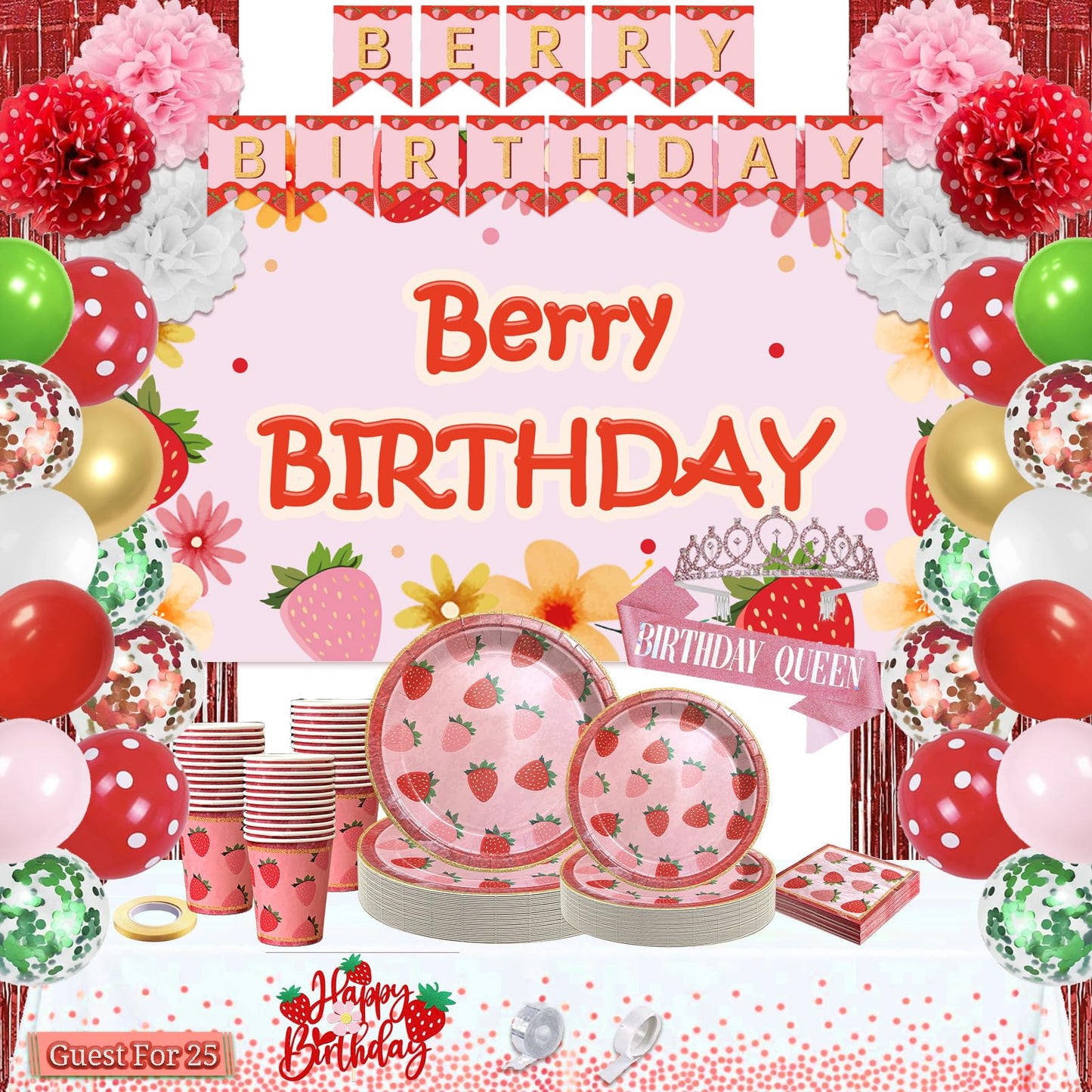 239 Pcs Strawberry Shortcake Birthday Decorations, Berry Party Supplies Inclue Serves 25 Plates and Napkins Tablecloth, Birthday Banner, Balloons, Cake Topper, Tiara, Sash for Girls